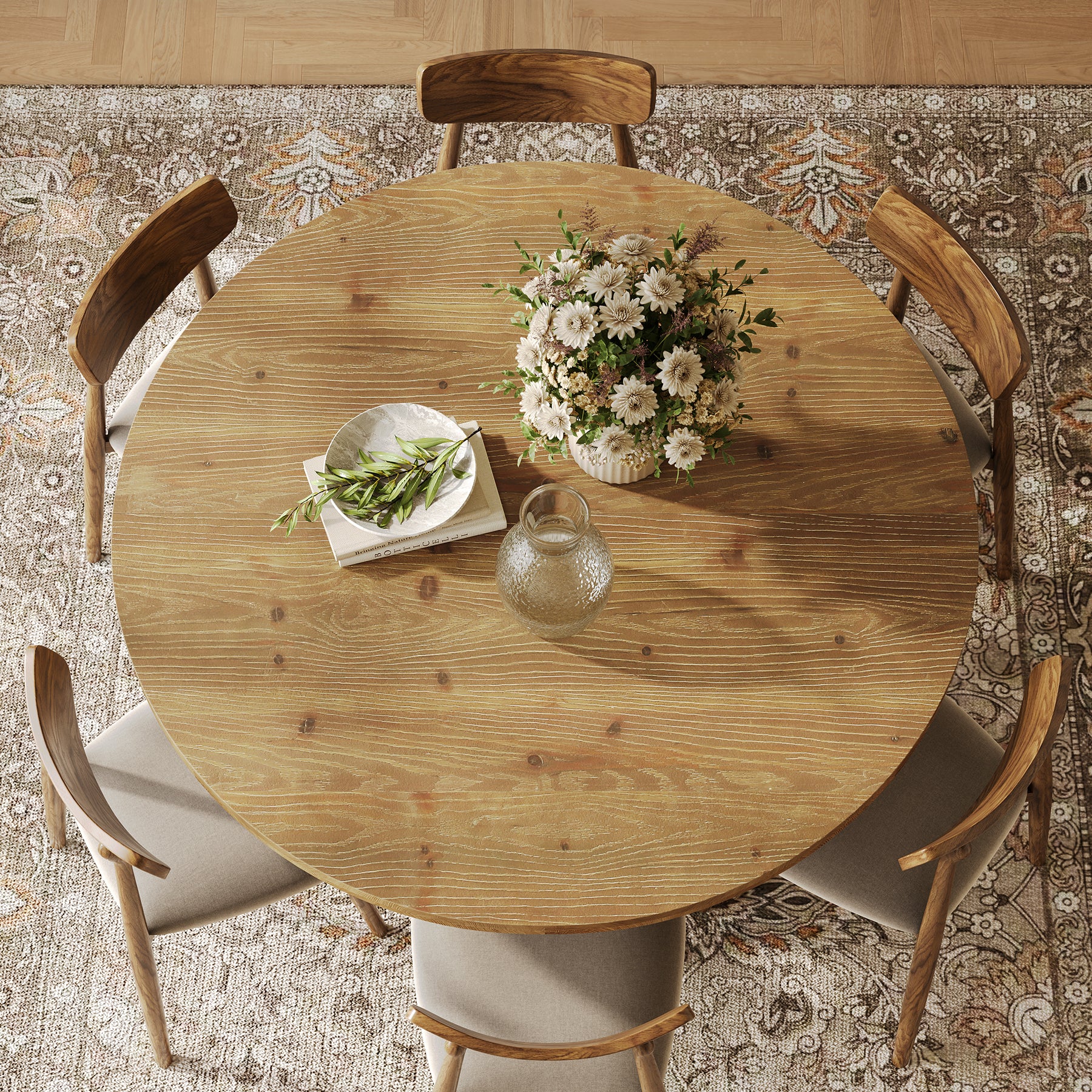Solid Wood Round Dining Table, 47" Farmhouse Kitchen Table for 4-6