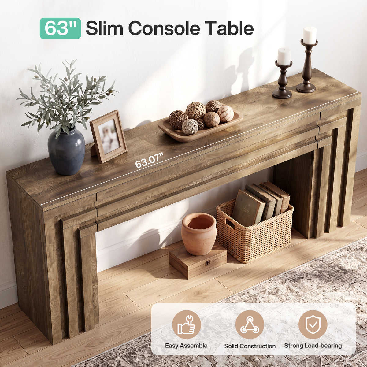 63" Console Table with Storage Cabinet, Entryway Sofa Table with Layered Geometric Frame