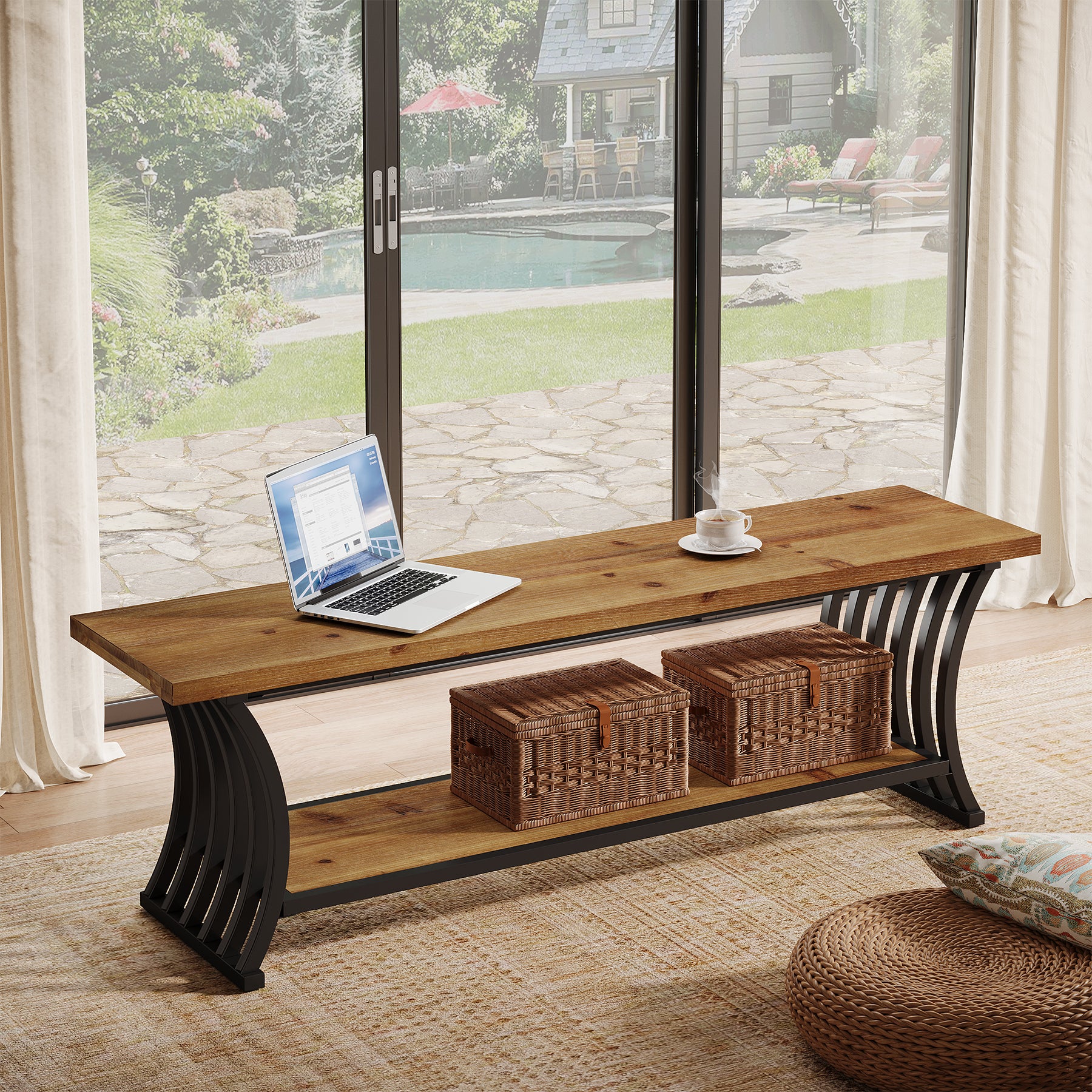 55" Entryway Bench, Wood End of Bed Shoe Bench with Shelf