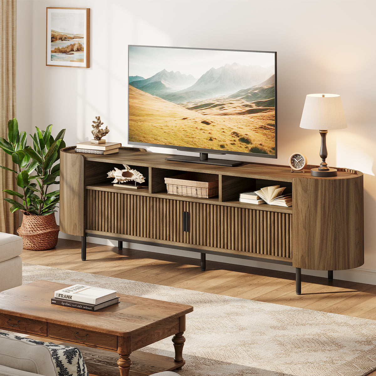 71 Inch TV Stand with Fluted Sliding Doors and Storage, Mid Century Media Console for Living Room