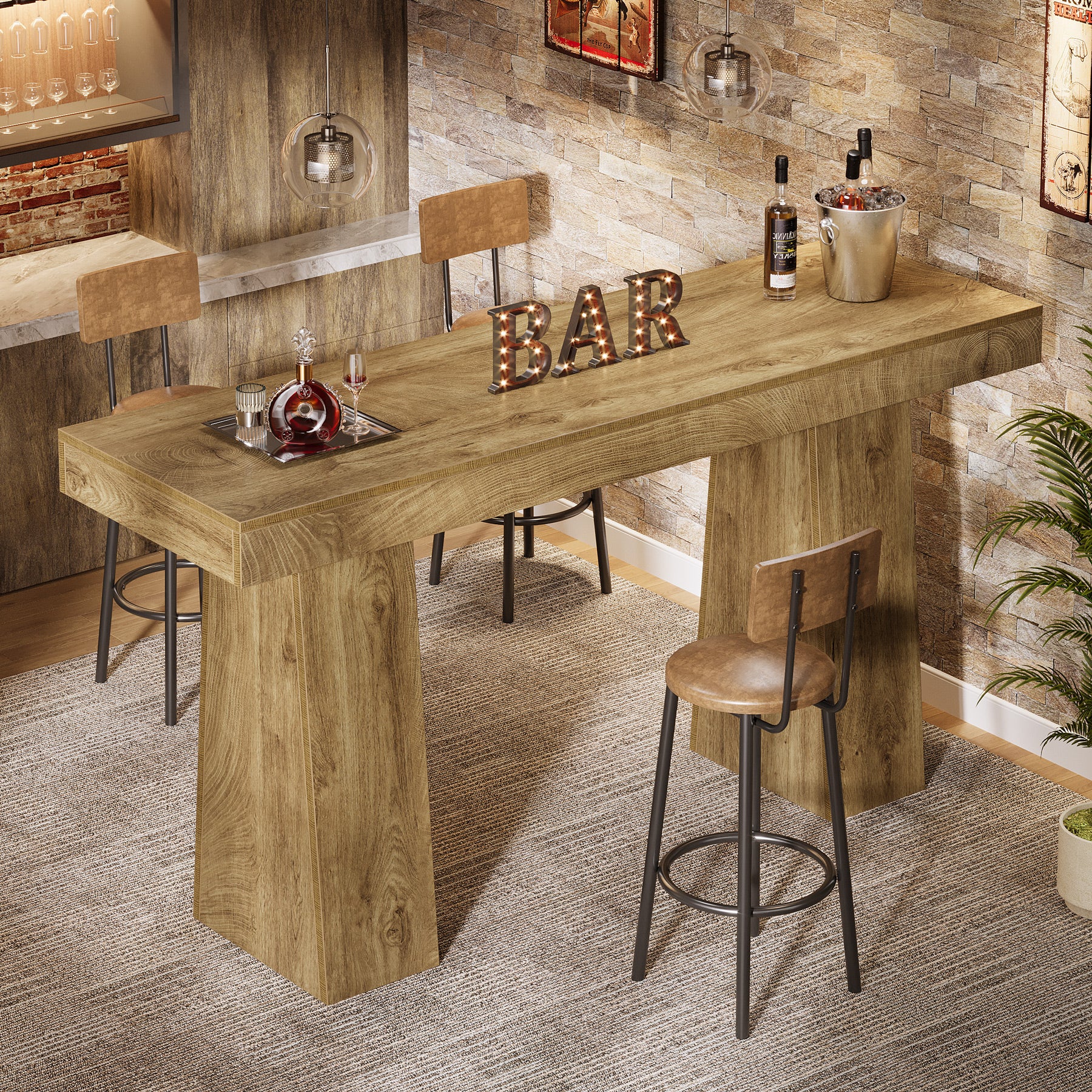 63" Bar Table, Rectangular Counter Height Pub Table with Thickened Tabletop