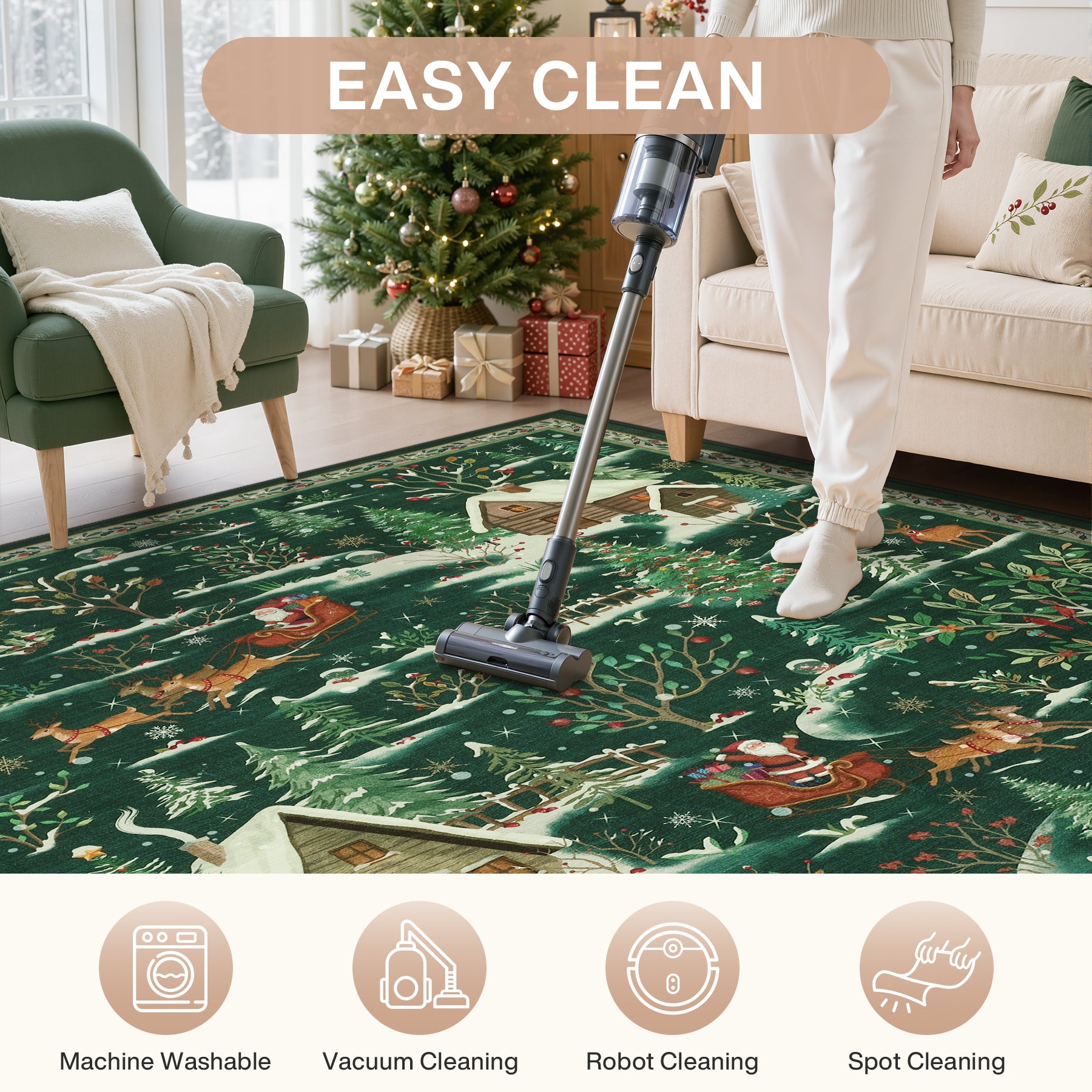 Christmas Snow Forest Washable Area Rug, Soft Holiday Scene Non-Slip Indoor Rug for Living Room Bedroom, Oeko-Tex Certified