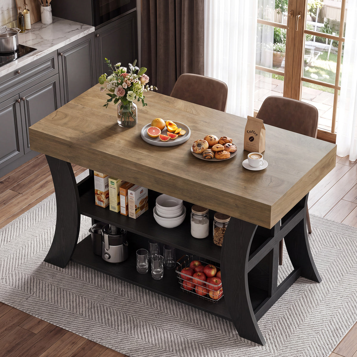 55" Farmhouse Kitchen Island with Storage & Seating Space, Stationary Island Table
