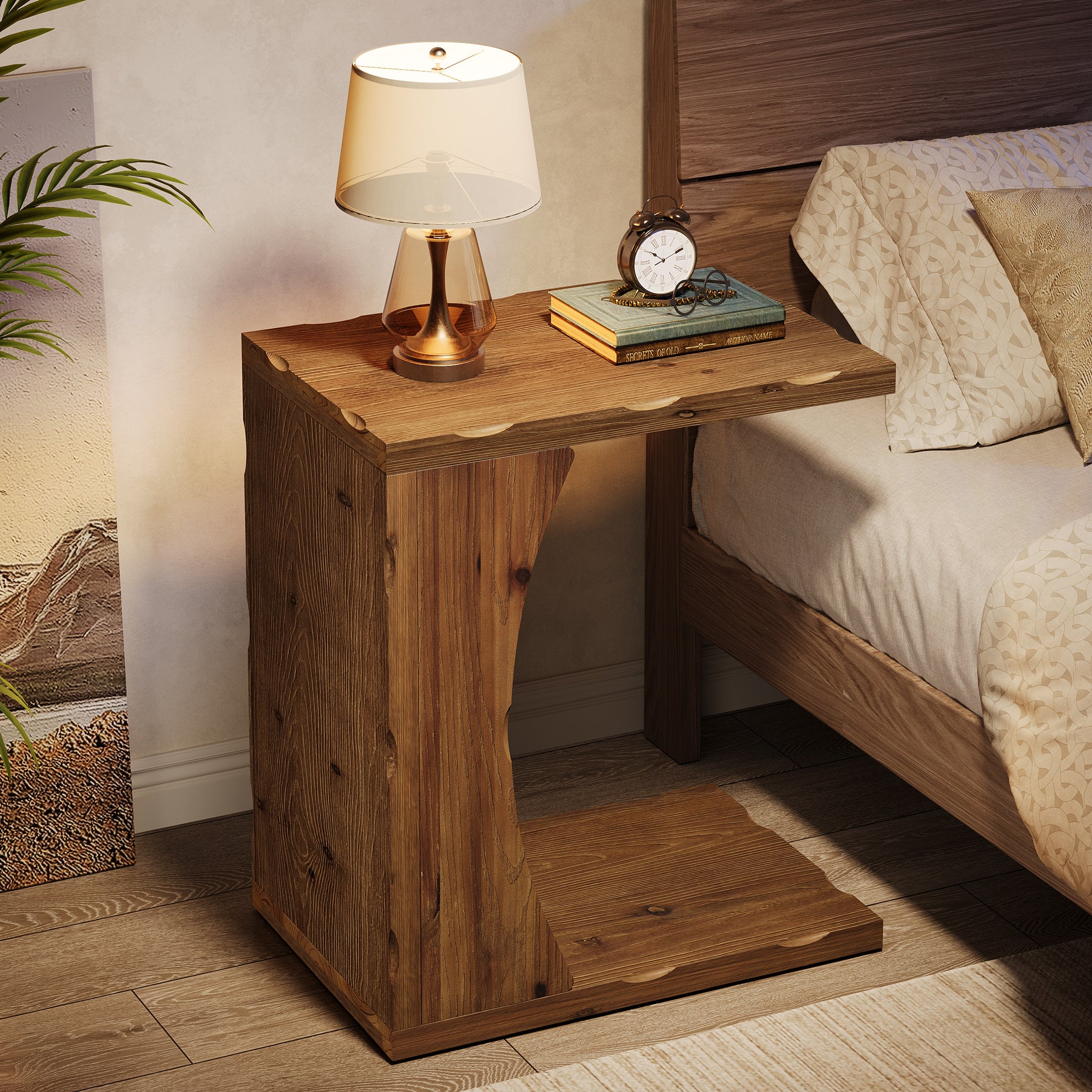 C-Shaped End Table, Solid Wood Narrow Side Table with Storage Shelf