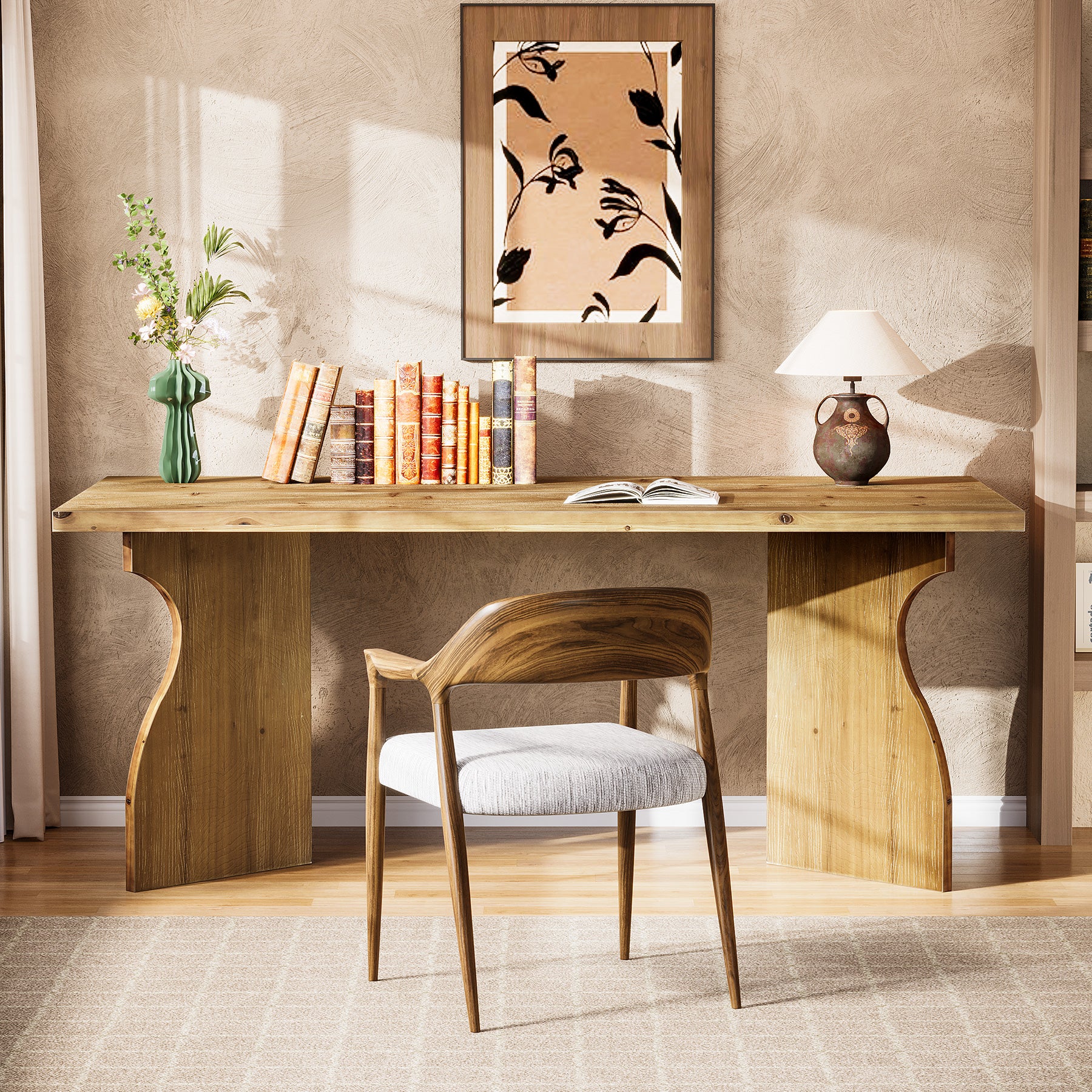 Solid Wood Executive Desk, 63" Office Computer Desk with V-Shaped Legs