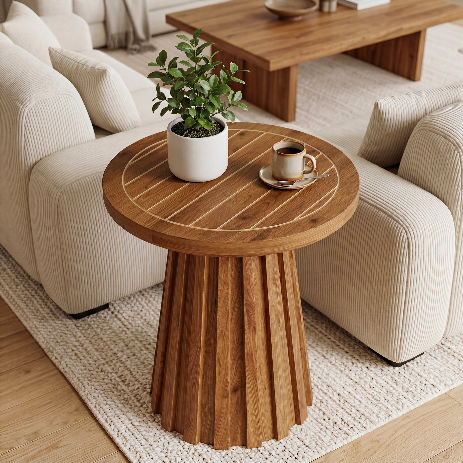 20" Round Side Table, Solid Wood End Table with Fluted Base for Living Room