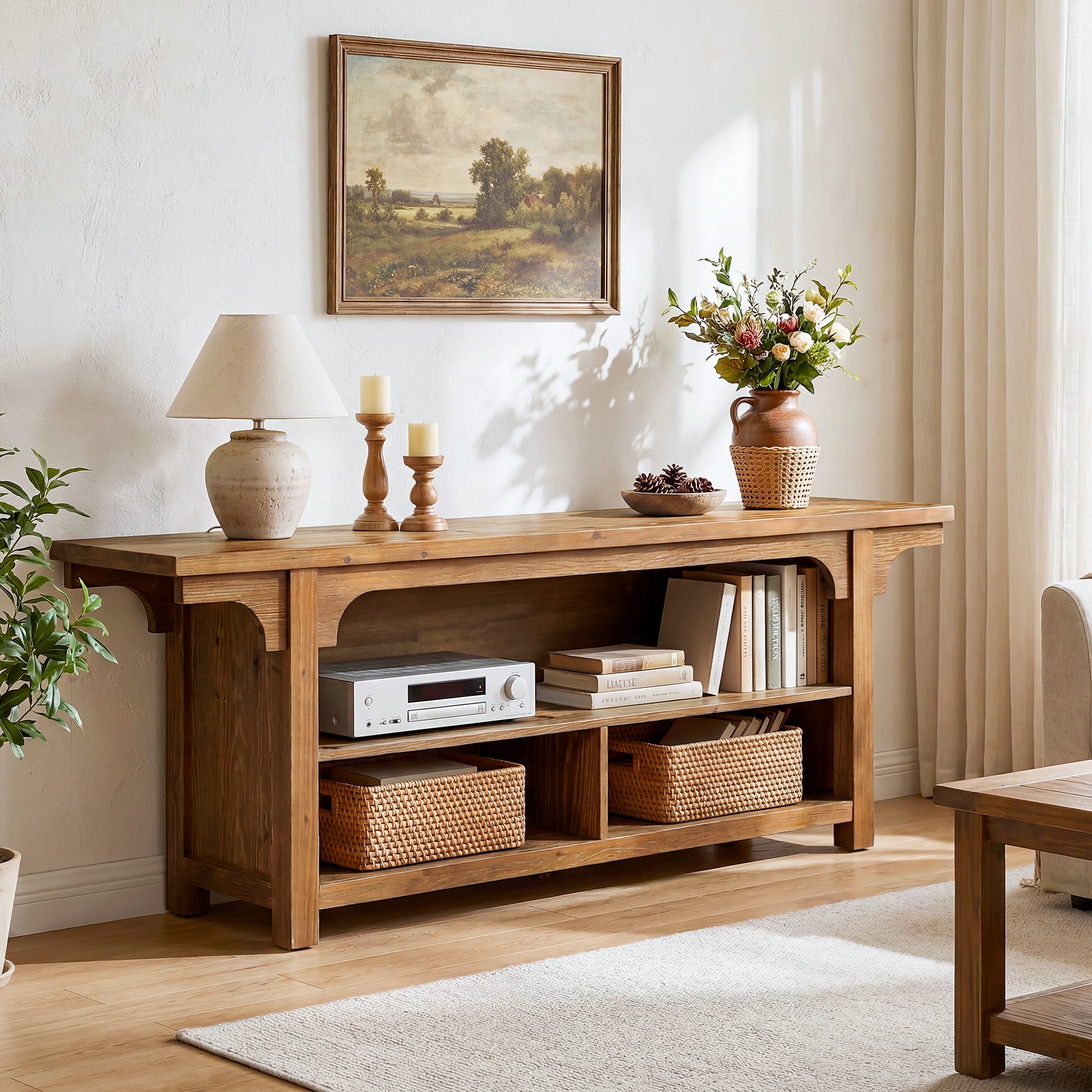 63" Solid Wood TV Stand for 55/65/70"TVs, Farmhouse Entertainment Center with 3 Storage