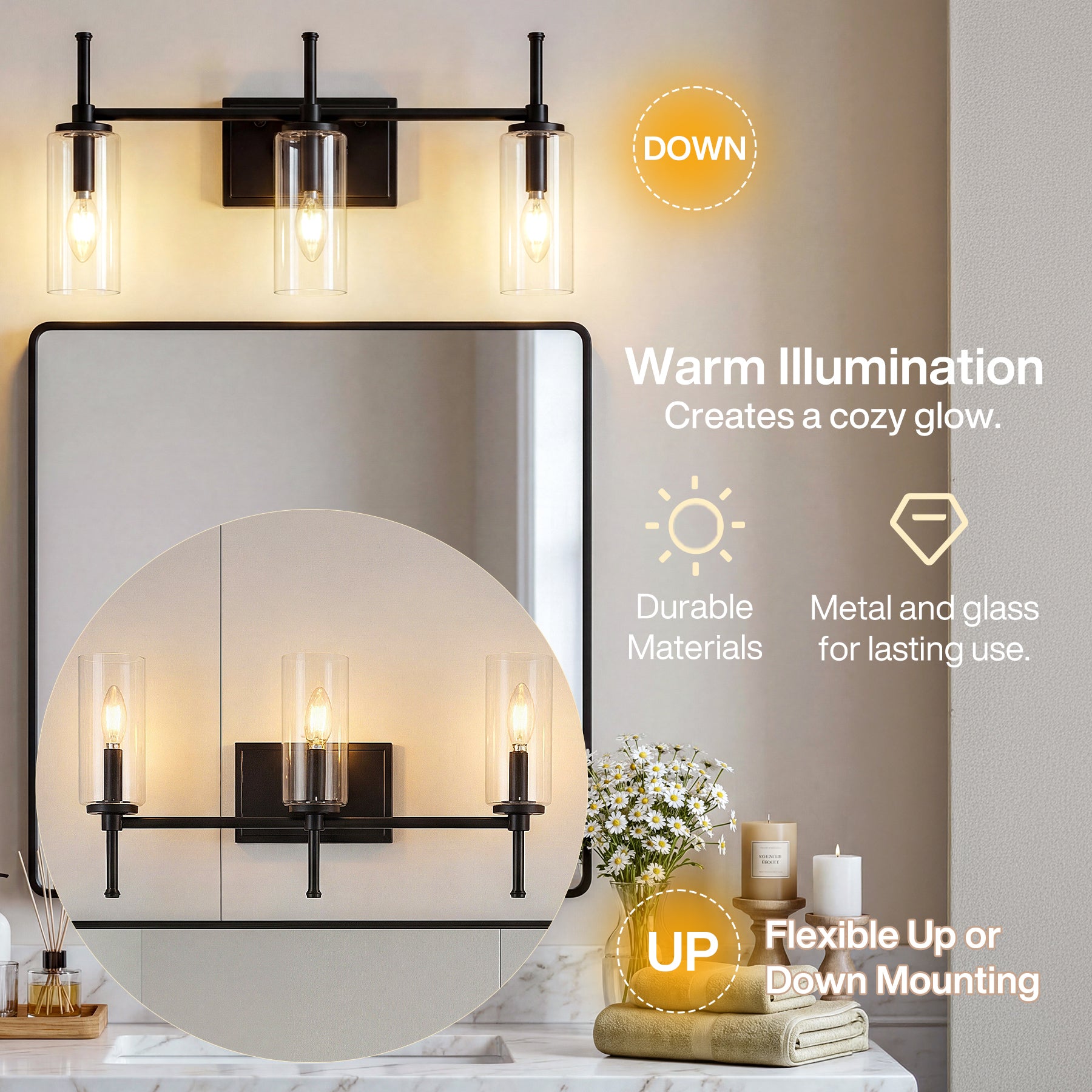 3-Light Vanity Light Fixture, Modern Bathroom Wall Sconce with Clear Glass Shades