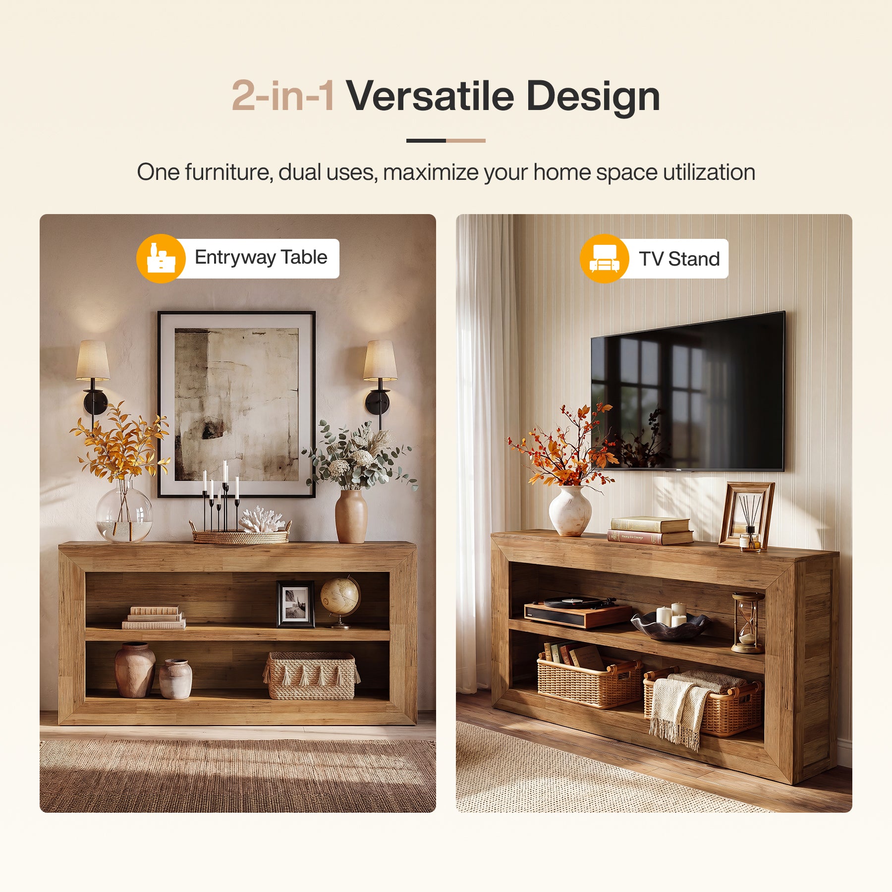 63-Inch Wooden Console Table, Narrow Entryway Table with 2-Tier Open Storage for Hallway