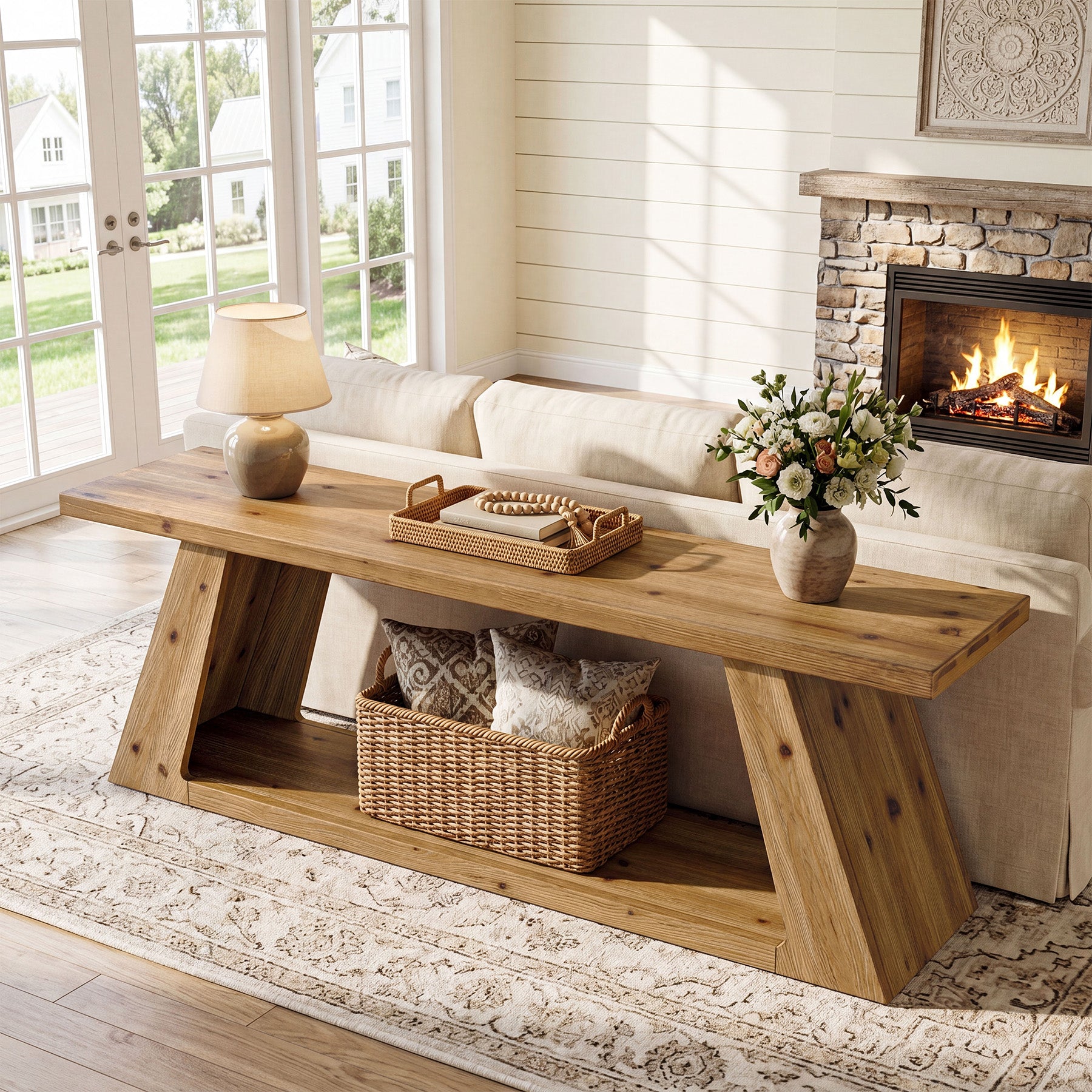 63" Solid Wood Console Table, Farmhouse Sofa Table with 2-Tier Open Shelf for Entryway