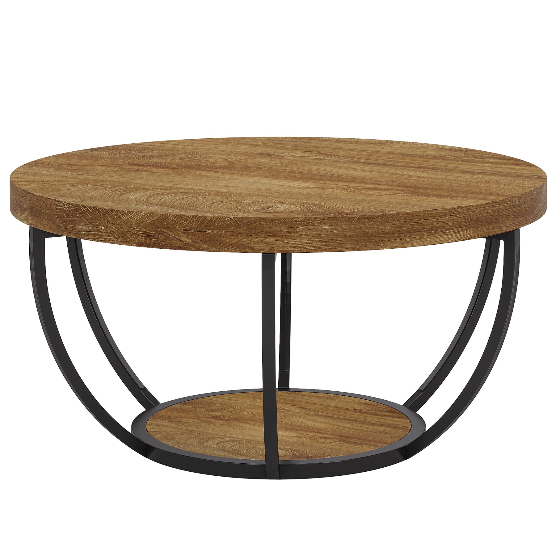 Wooden Coffee Table, 2-Tier Round Central Cocktail Table with Shelves