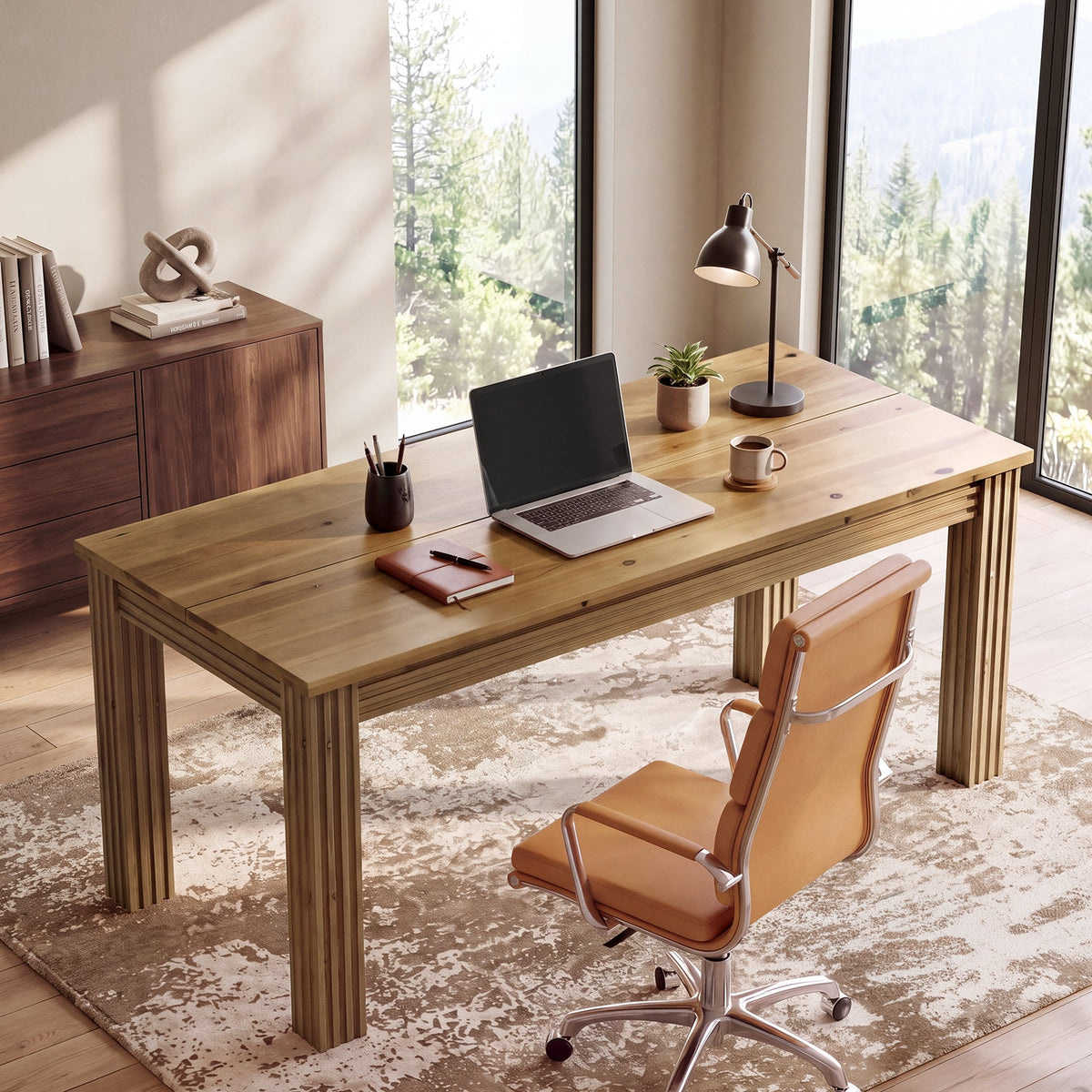 63" Solid Wood Executive Desk, Modern Computer Desk with Fluted Legs for Home Office