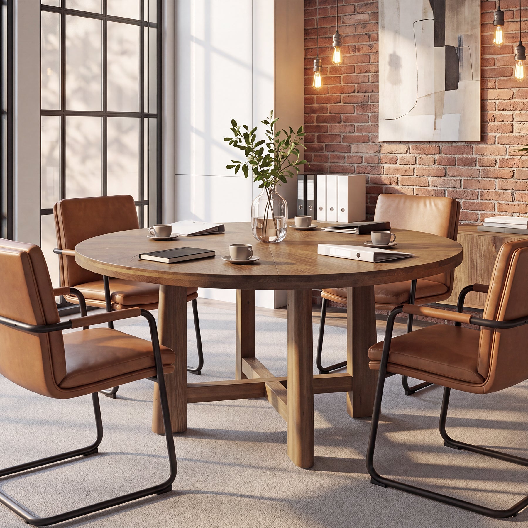 47" Round Conference Table for 4-6, Solid Wood Farmhouse Meeting Room, Home Office