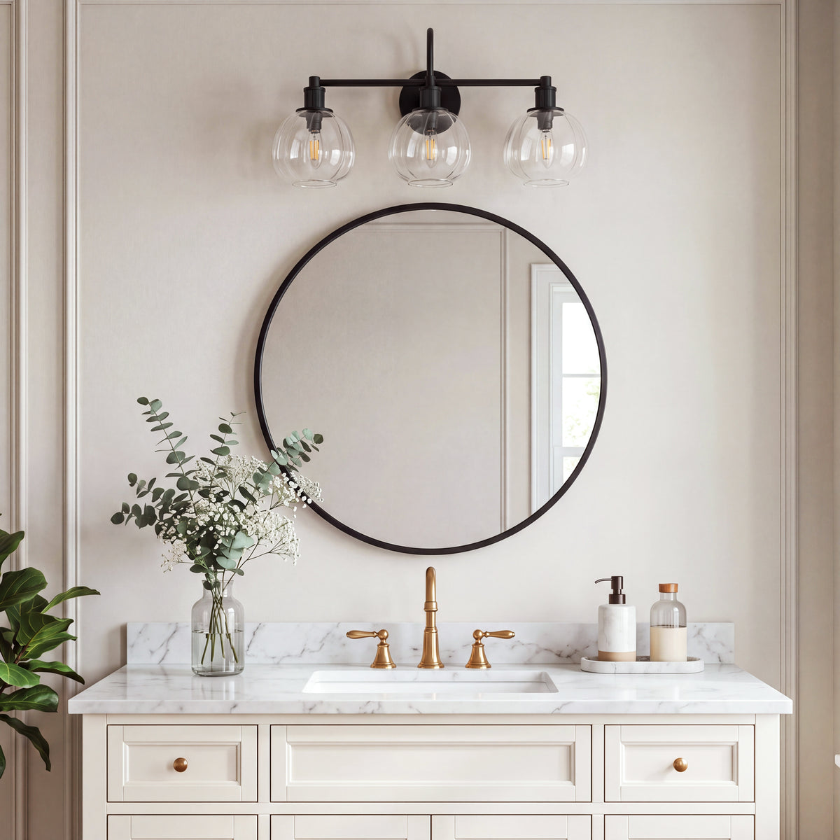 3-Light 23" Bathroom Vanity Light, Modern Black Wall Sconce with Clear Glass Shade
