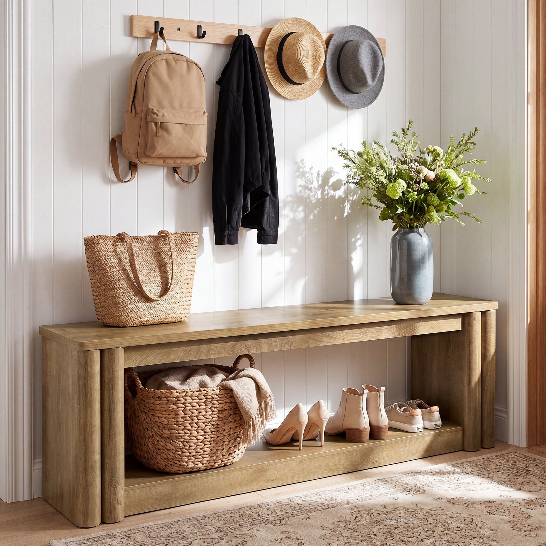70.8" Entryway Shoe Bench, 2-Tier Benches Seat with Storage