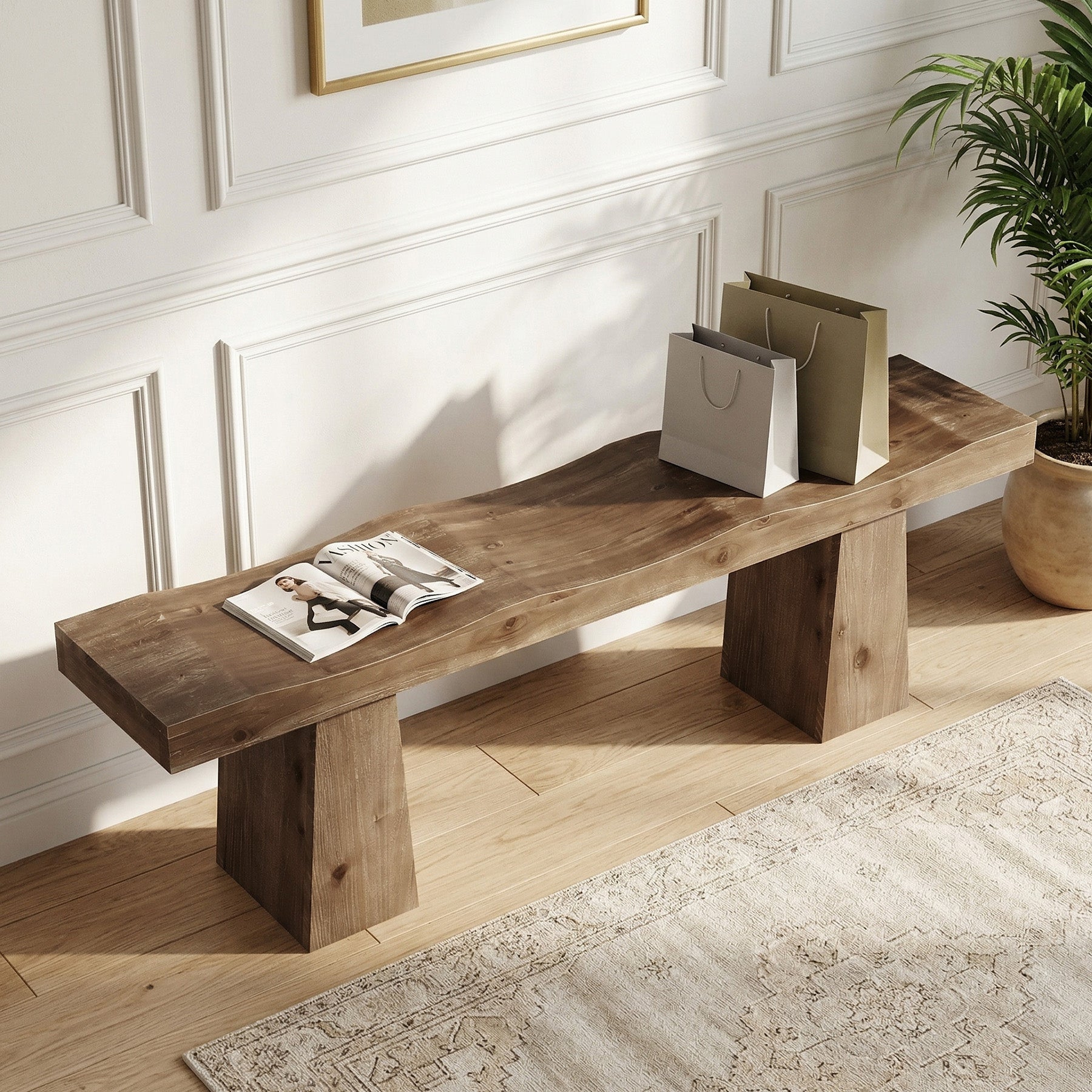 Solid Wood Entryway Bench, 59" End of Bed Bench with Wavy Edges Design