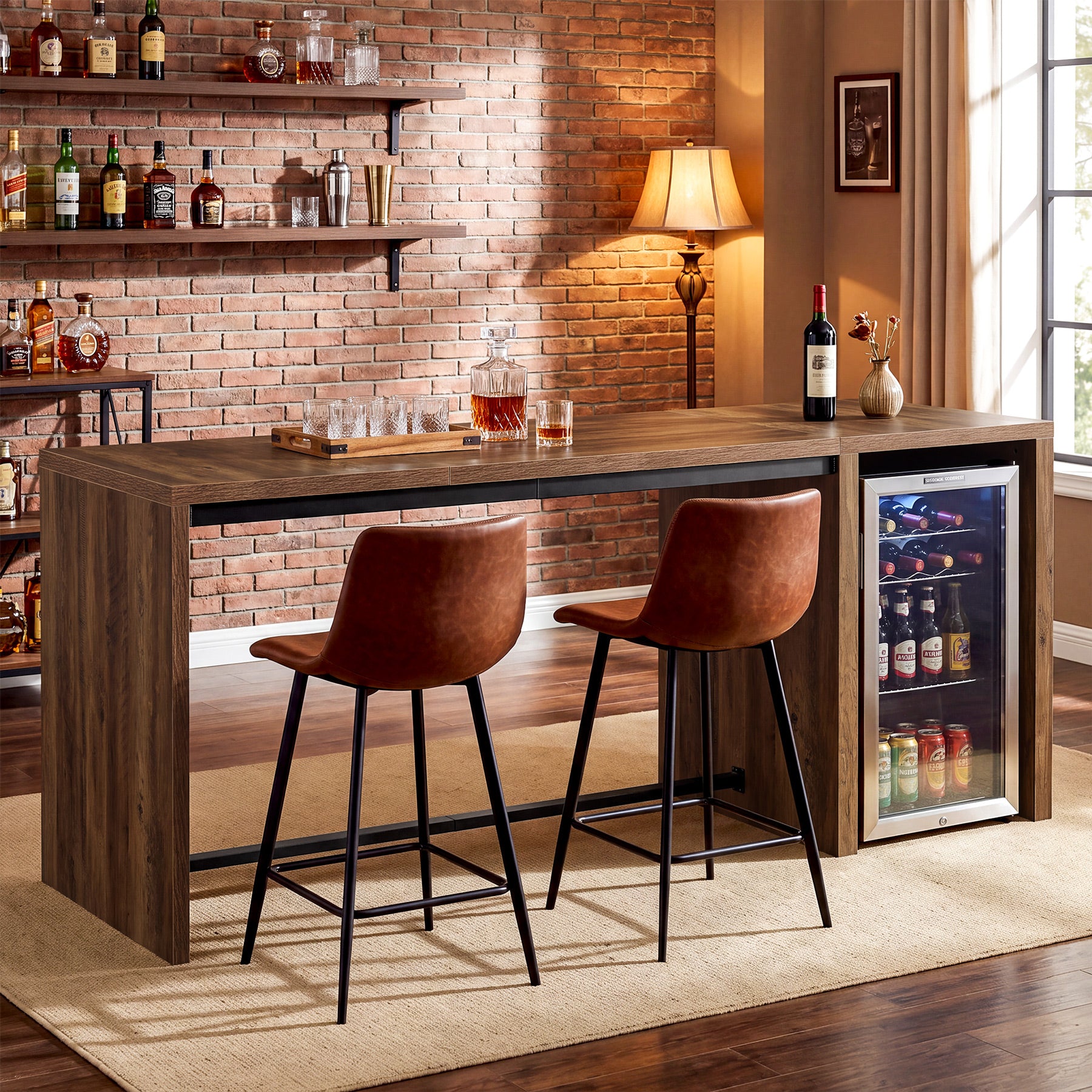 78.74" Bar Table, Large Counter Height Dining Table with Mini Fridge Space & 2 Shelves