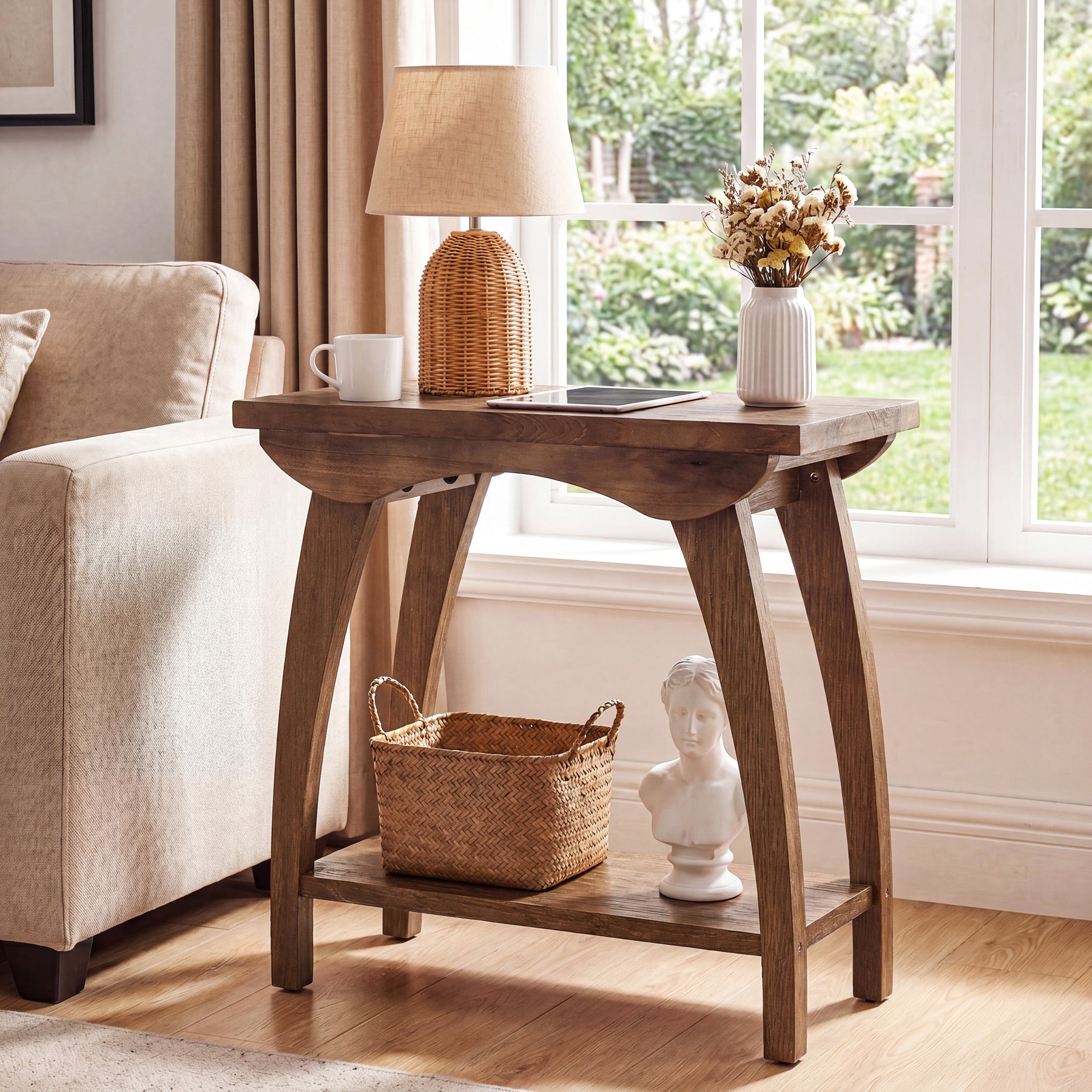 2-Tier Solid Wood End Table, Rectangle Sofa Side Table with Shelf for Living Room