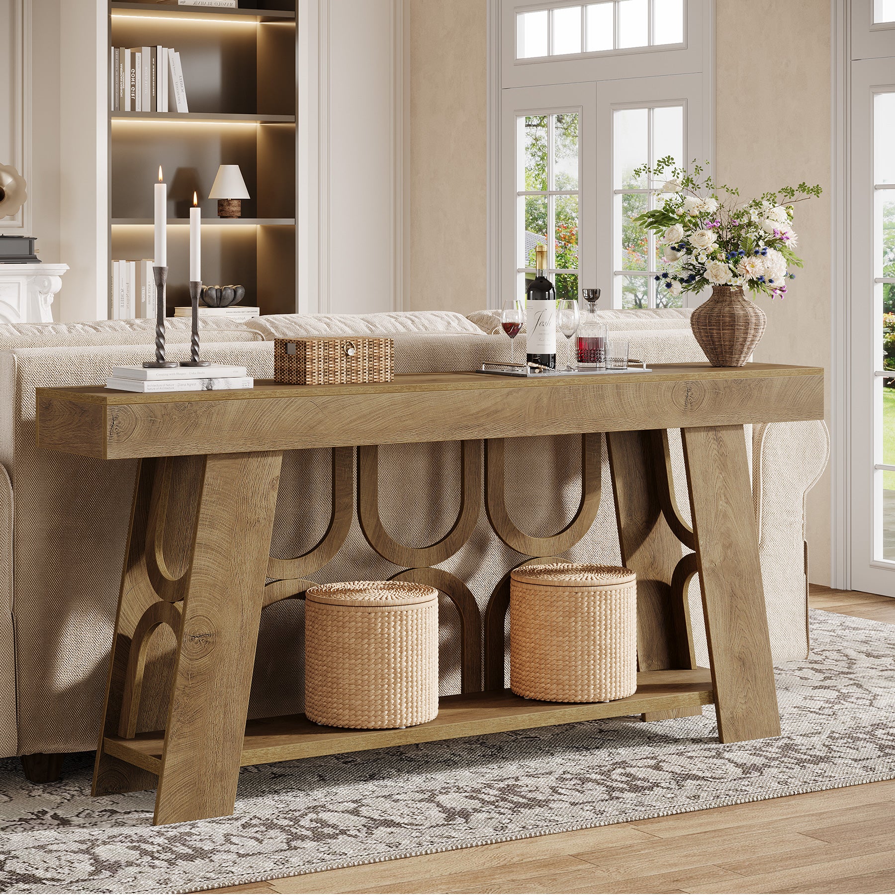 63" Console Table with Arched Legs, 2-Tier Farmhouse Entryway Table