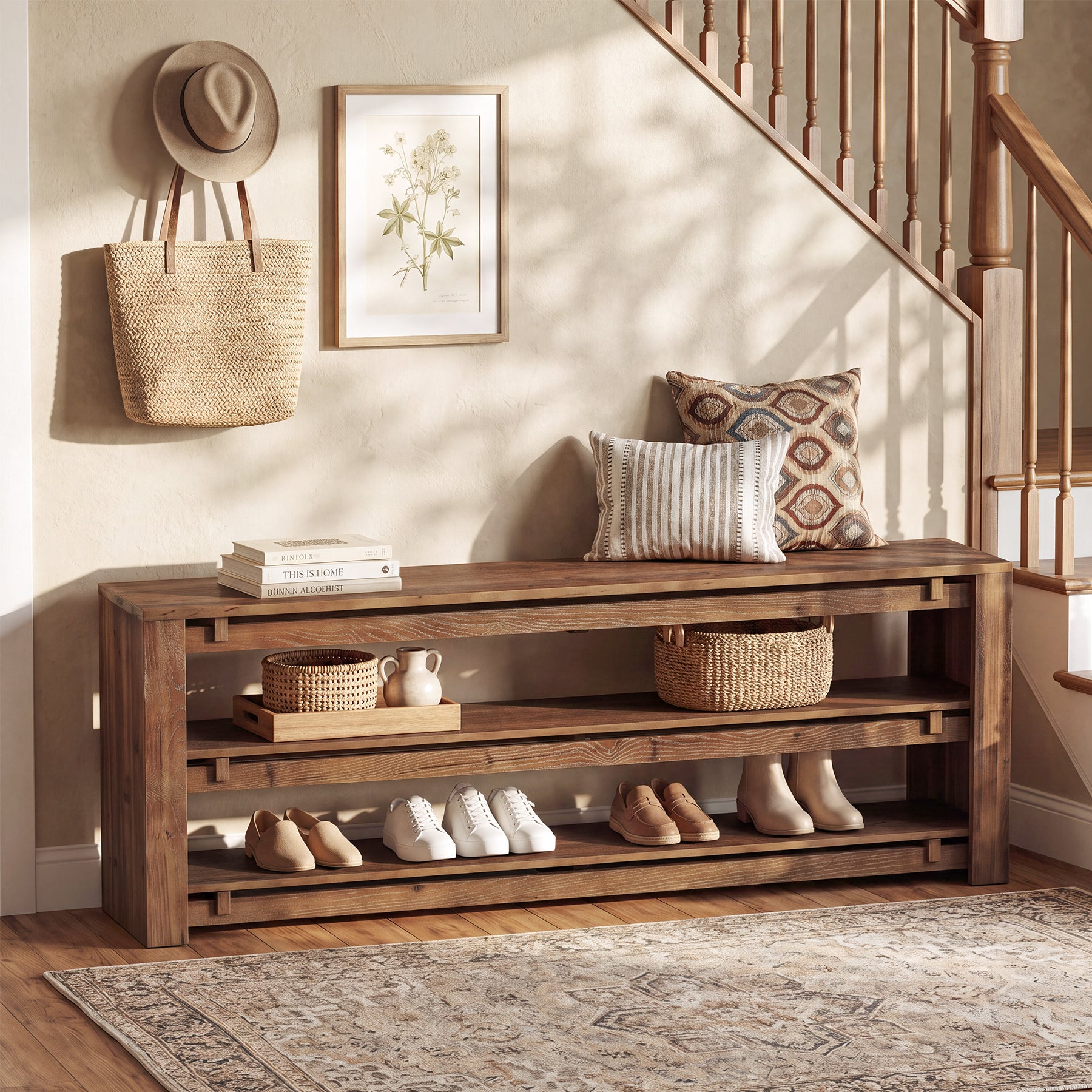63" Solid Wood Entryway Bench with Storage, 3-Tier Shoe Bench for Hallway, Bedroom