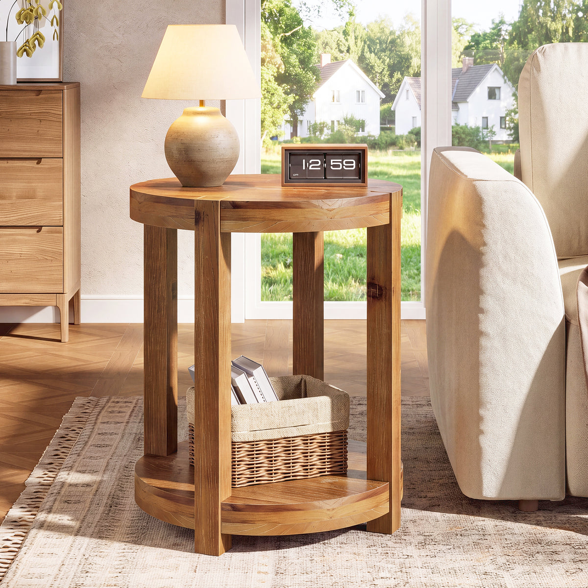 20.08" Round Solid Wood End Table, 2-Tier Side Table with Storage Shelf for Living Room