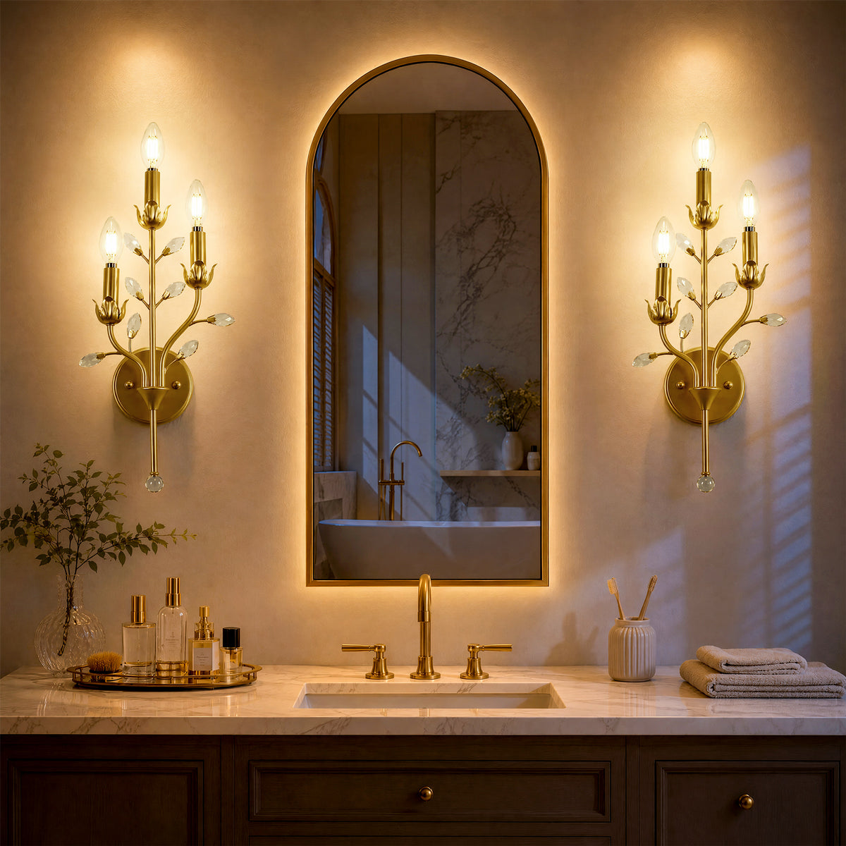 3-Light Gold Crystal Wall Sconce, Floral Vine Candle Wall Light