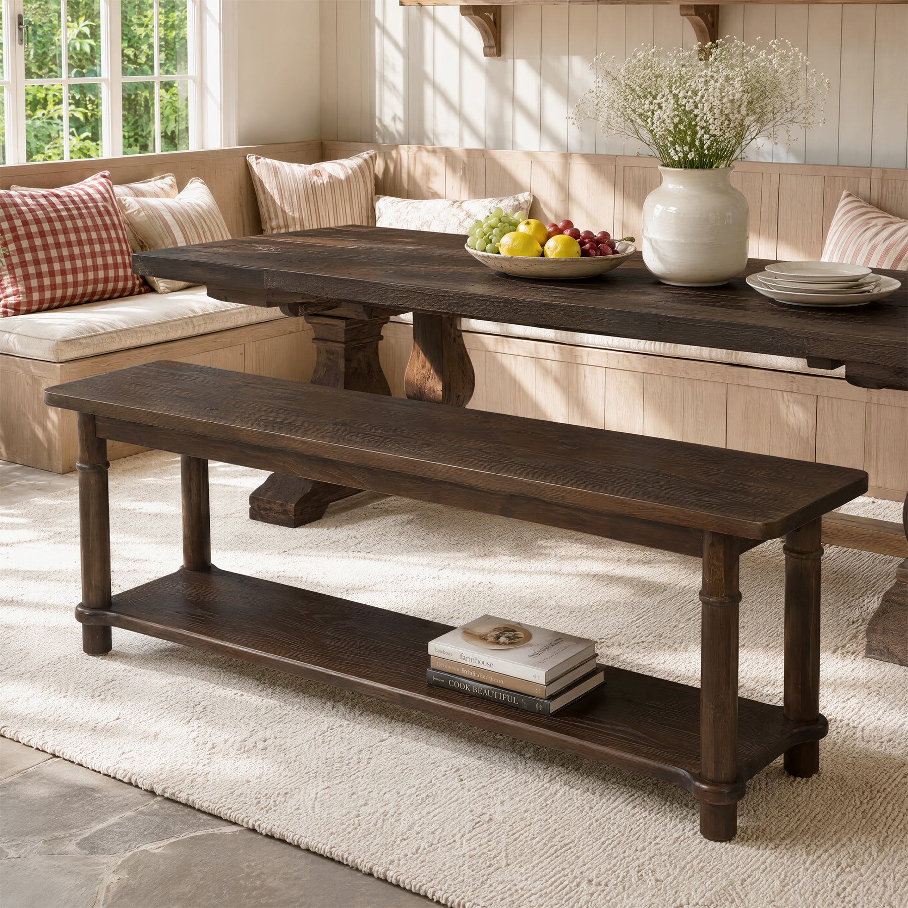55" Farmhouse Entryway Bench with Open Shelf, 2-Tier Solid Wood Shoe Bench, Hallway