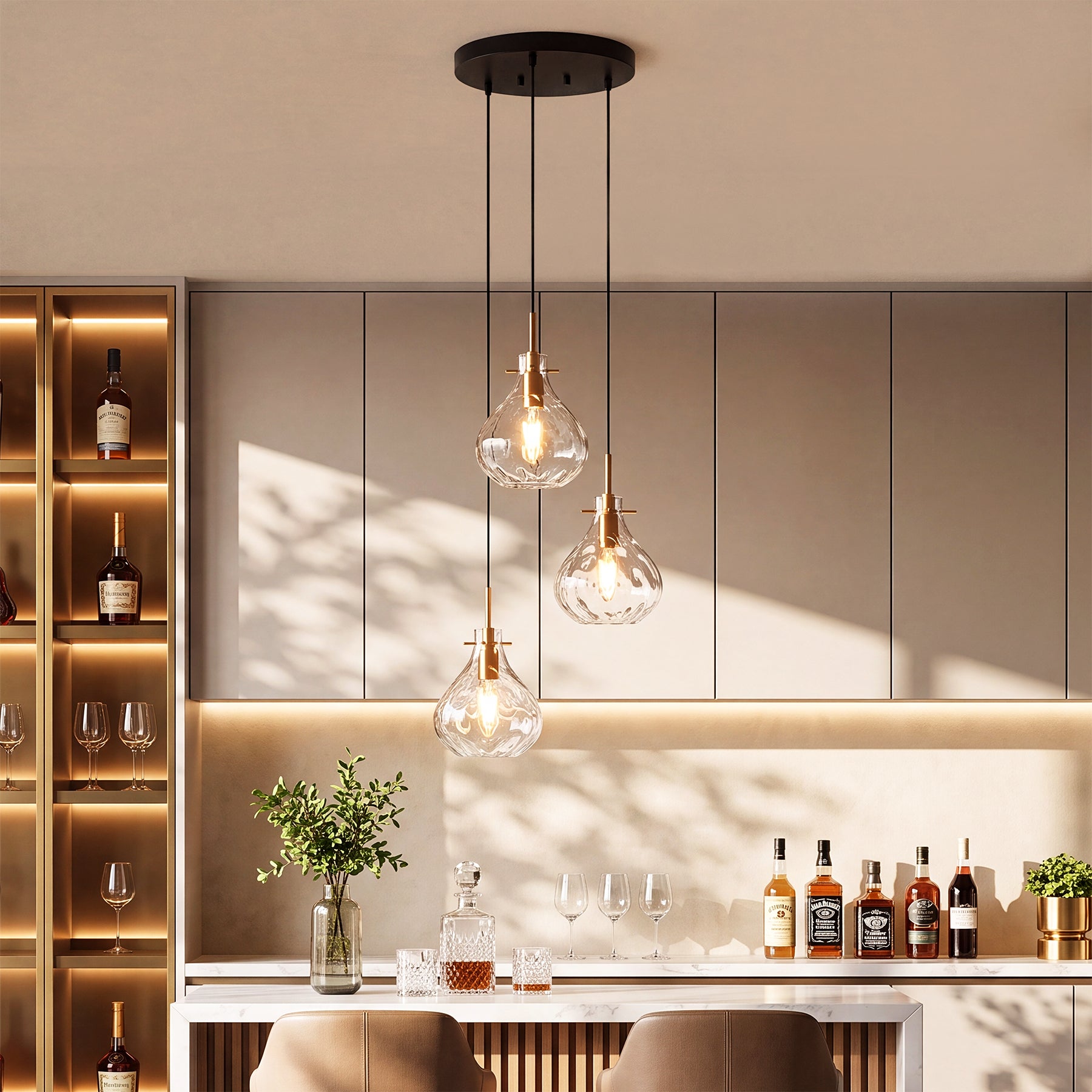 Modern 3-Light Pendant Lighting with Water Ripple Glass Shade, Kitchen Island Lighting with Adjustable Height