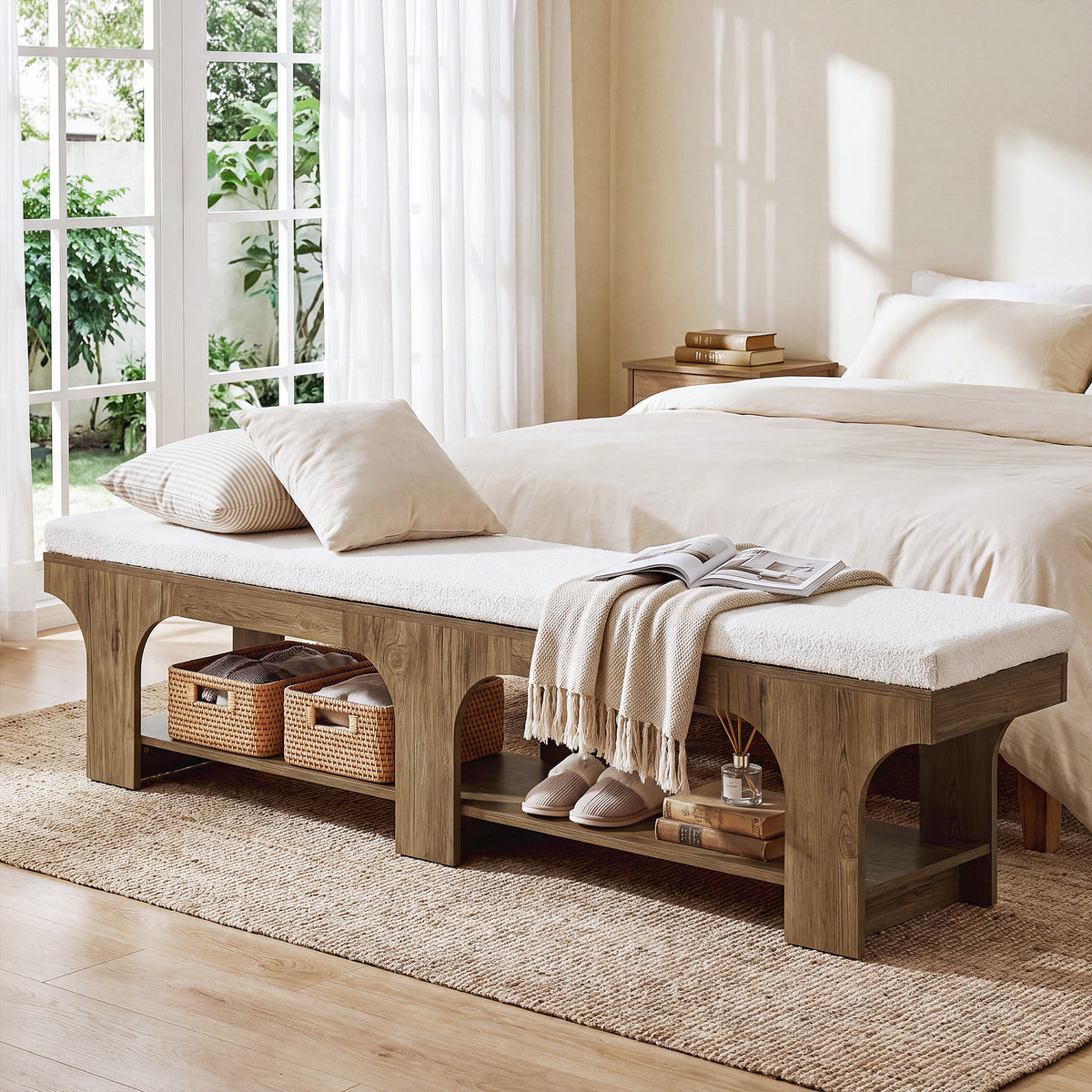 70.9" Entryway Shoe Bench with Storage Shelf & Teddy Sherpa Upholstered Seat for 2-3