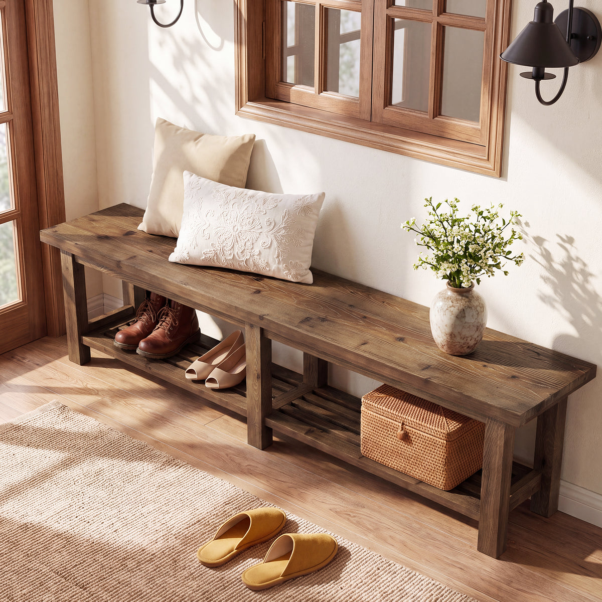 71" Solid Wood Entryway Bench, 2-Tier Shoe Bench End-of-Bed Bench with Open Storage