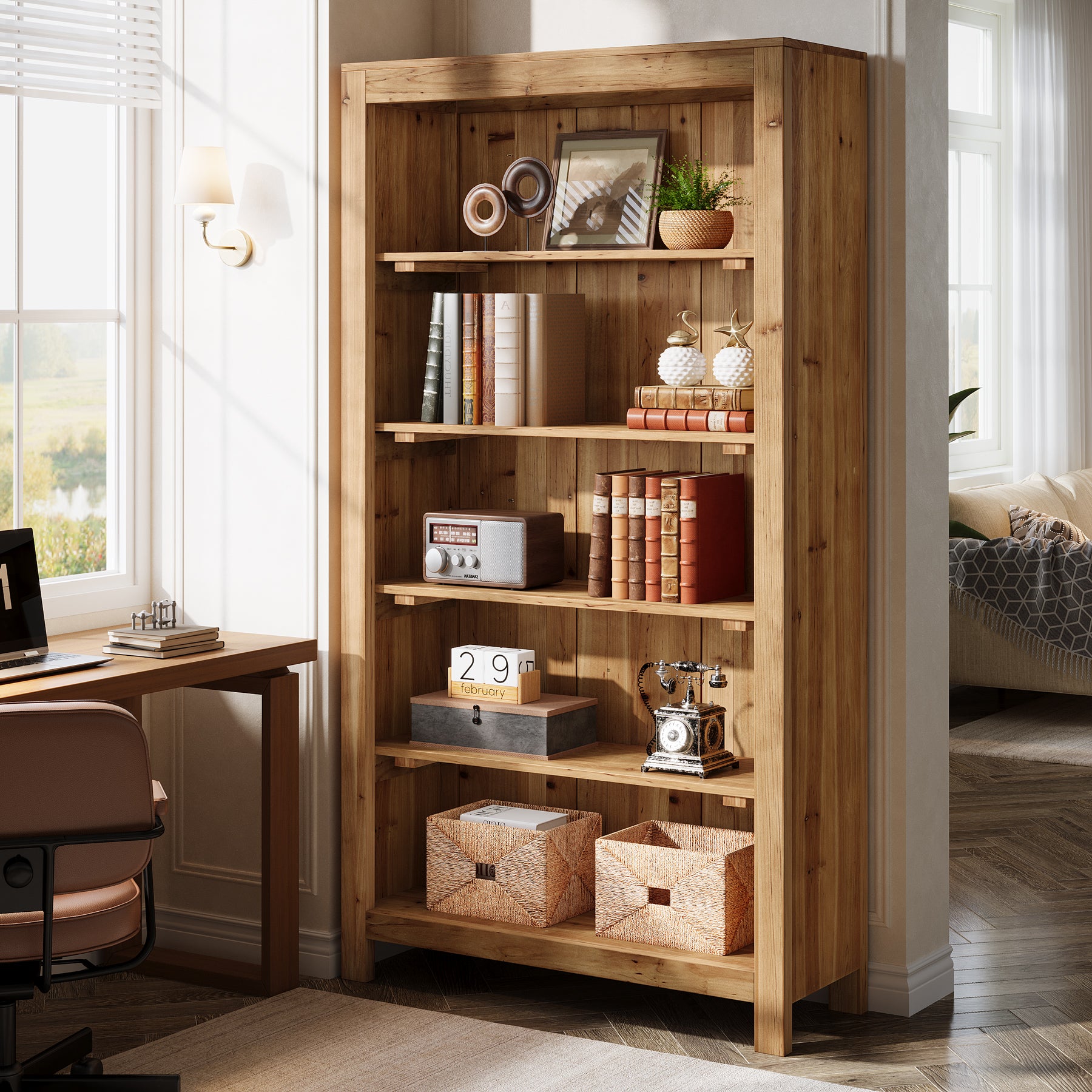 Solid Wood Bookcase, 5-Tier Bookshelf Display Storage Shelves