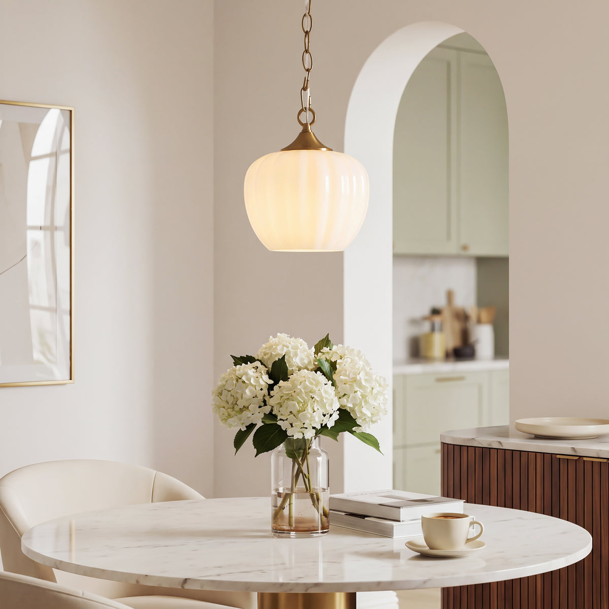 Milky White Ribbed Glass Pendant Light, Brass Adjustable Hanging Light