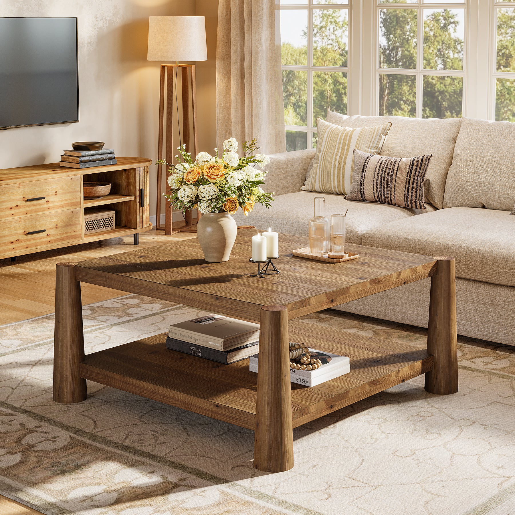 Square Solid Wood Coffee Table, 34" Farmhouse Center Table with 2-Tier Storage