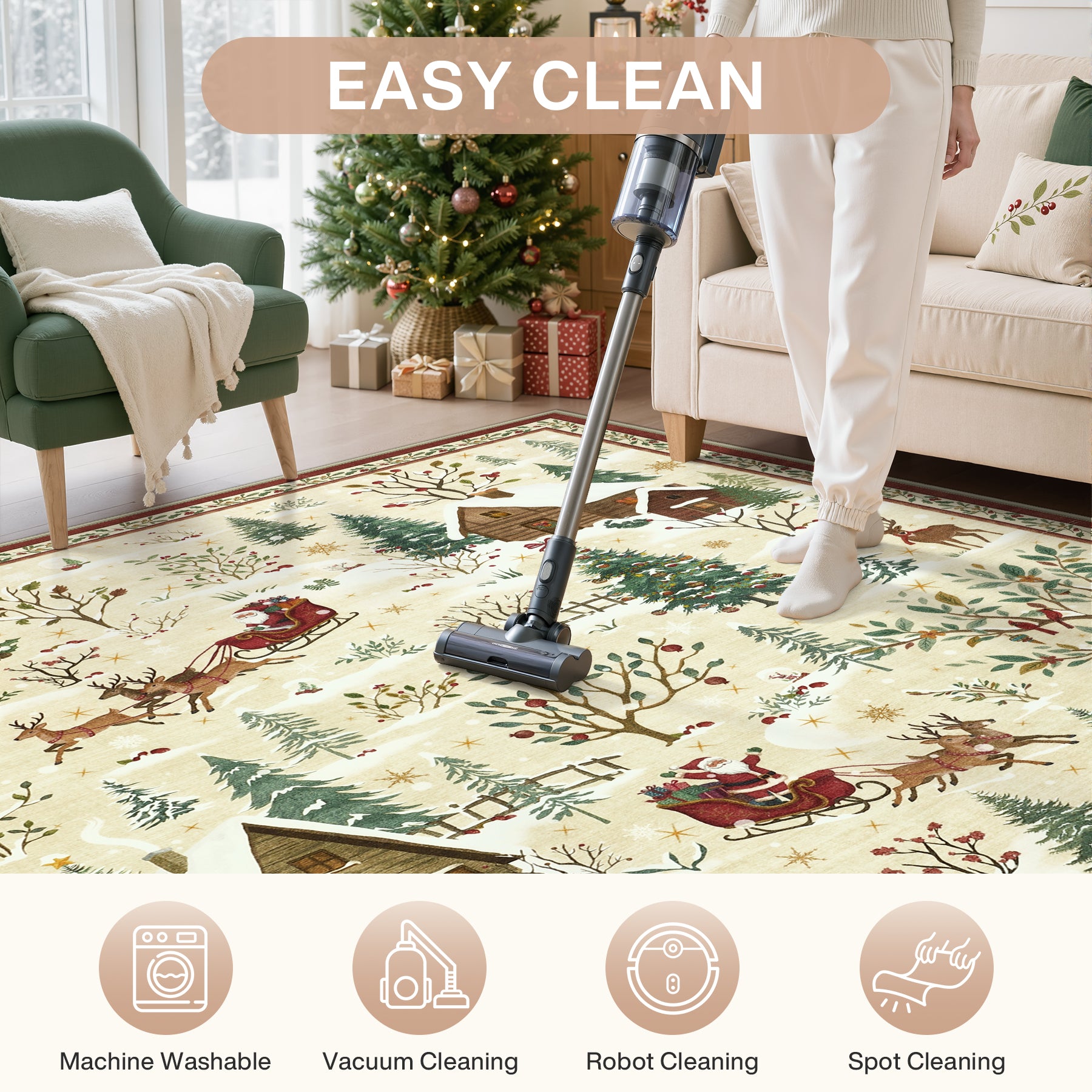 Christmas Snow Forest Washable Area Rug, Soft Holiday Scene Non-Slip Indoor Rug for Living Room Bedroom, Oeko-Tex Certified