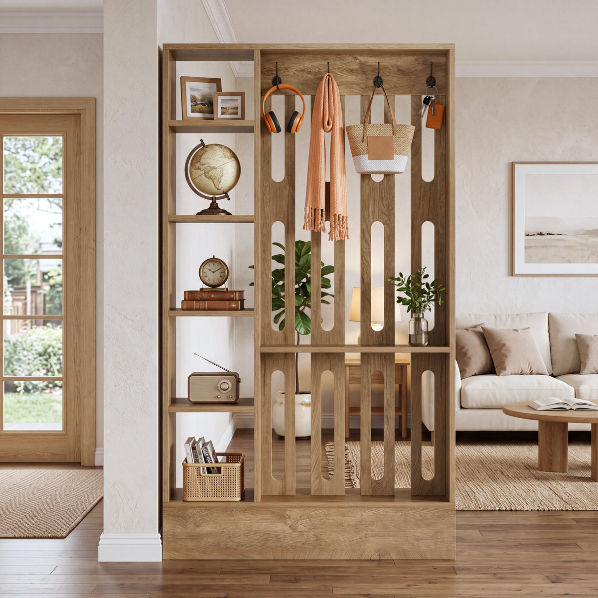 71" Room Divider with Shelves, 5-Cube & 4 Hooks, Freestanding Modern Wall Partition