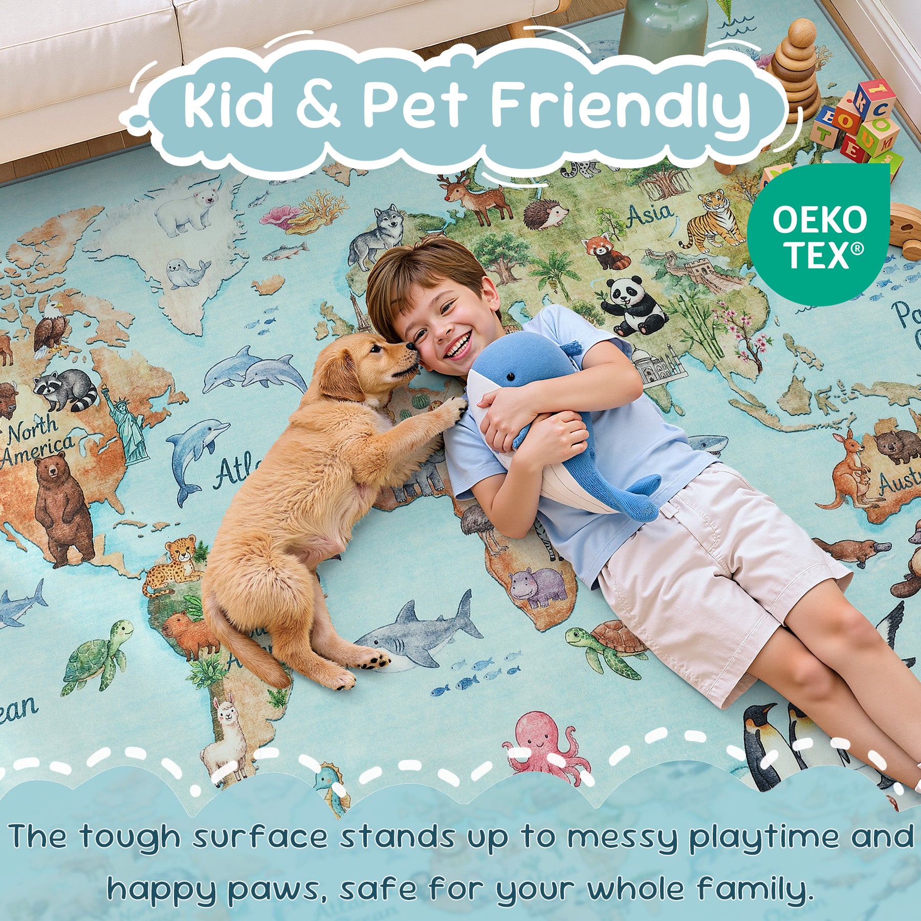 Kids Playroom Rug, Blue Washable World Map Rug – Soft Non-Slip Animal Ocean Play Mat