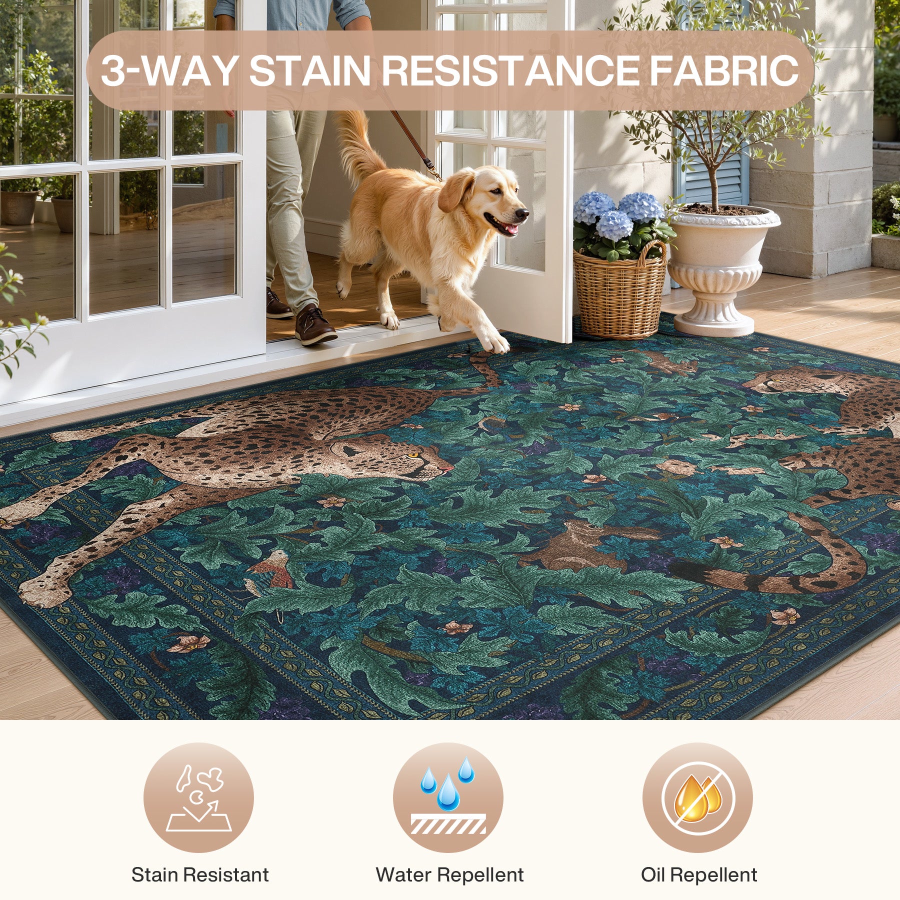 Morris Jungle Leopard Print Rug, Non Slip Washable Area Rug for Living Room, Bedroom