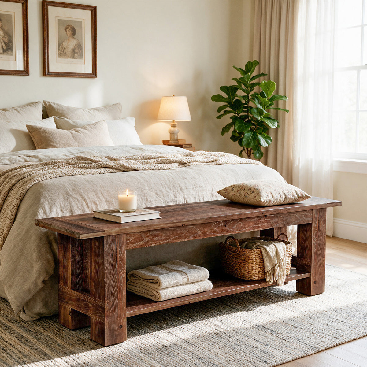 71" Extra Long Entryway Bench with Shoe Storage, Rustic Farmhouse Solid Wood, 2-Tier, Hallway