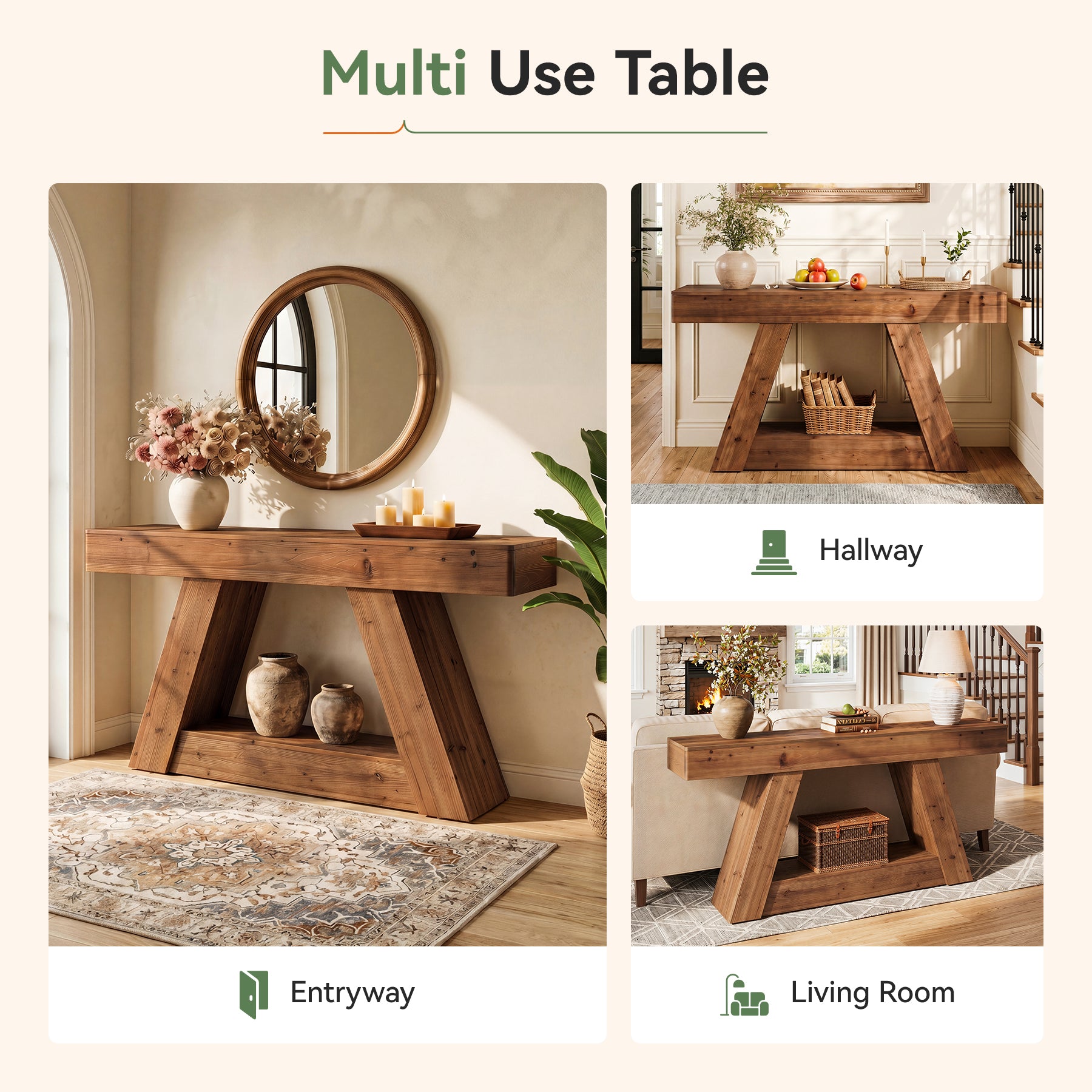 63” Solid Wood Console Table, Farmhouse Sofa Table Behind Couch with 2-Tier Storage for Hallway