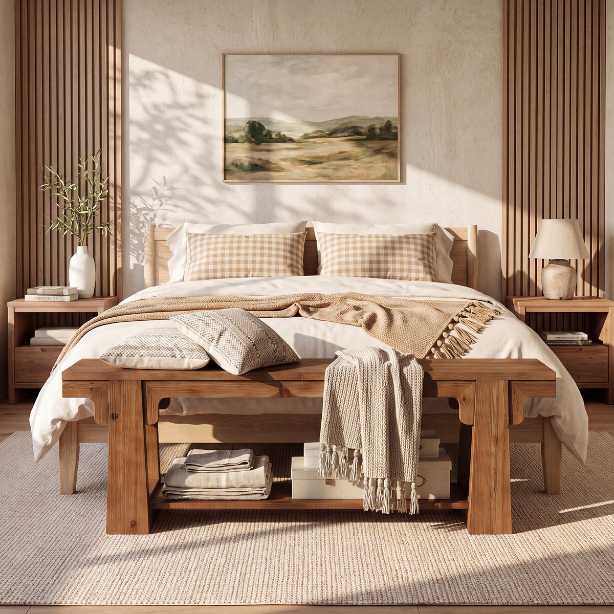 63" Natural Solid Wood Entryway Bench, 2-Tier Open Shoe Storage, Hallway