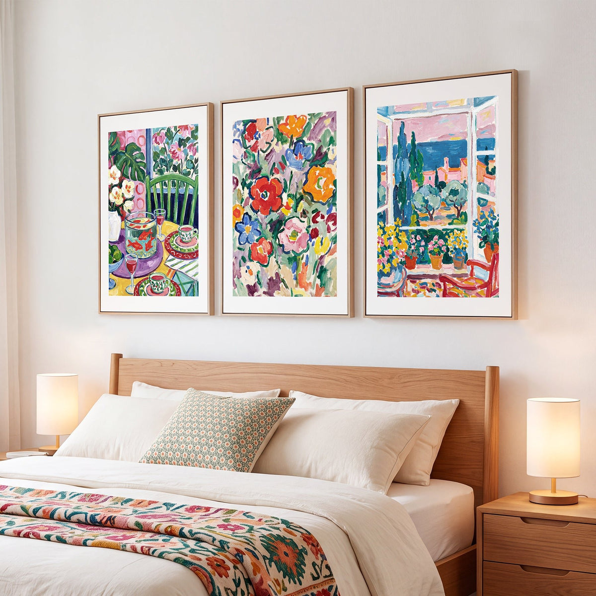 3 Piece Hand-Painted Oil Painting Style Canvas Wall Art Set,24x36 Inch Colorful Floral and Mediterranean Coastal Prints