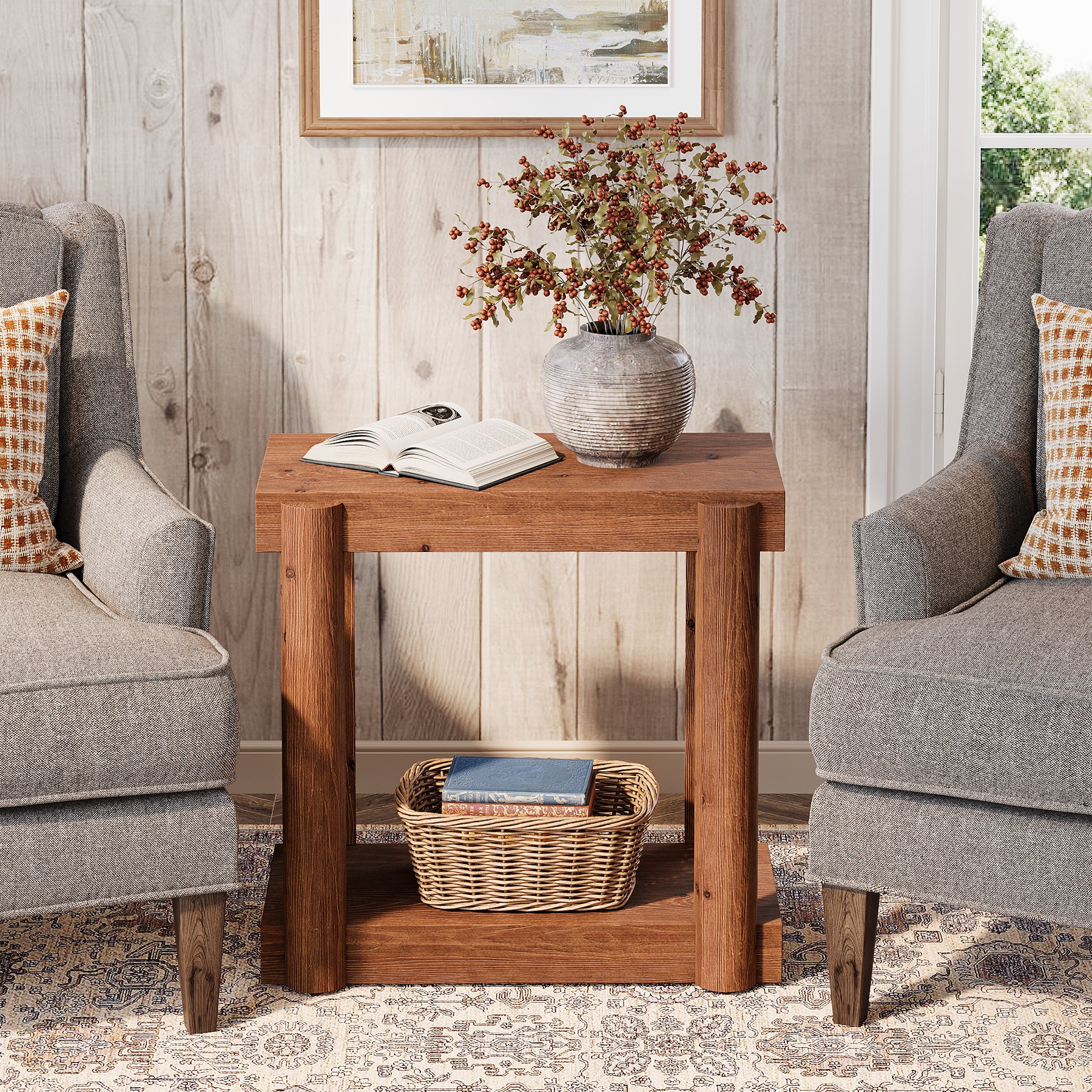 Solid Wood Modern Farmhouse End Table, 2-Tier Storage Shelf Side Table for Small Spaces