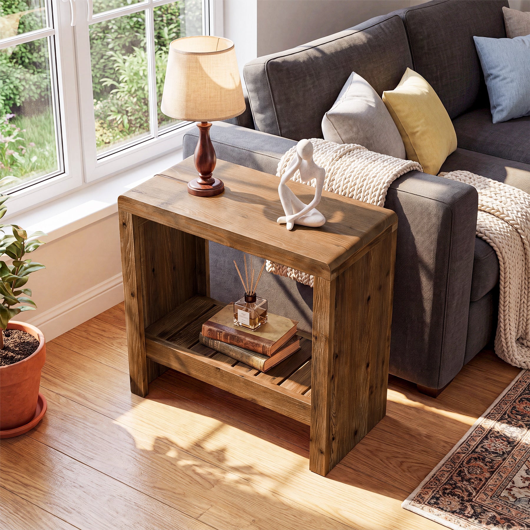 23.6" Solid Wood End Table, Narrow Sofa Side Table with Slatted Shelf