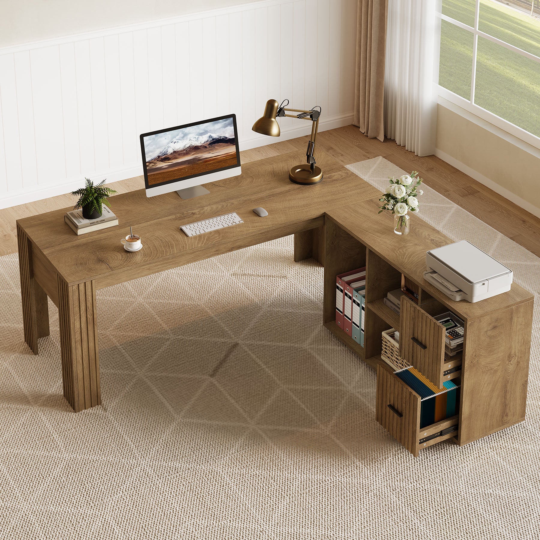 Reversible L-Shaped Executive Desk, 63" Computer Desk with Mobile File Cabinet for Home Office