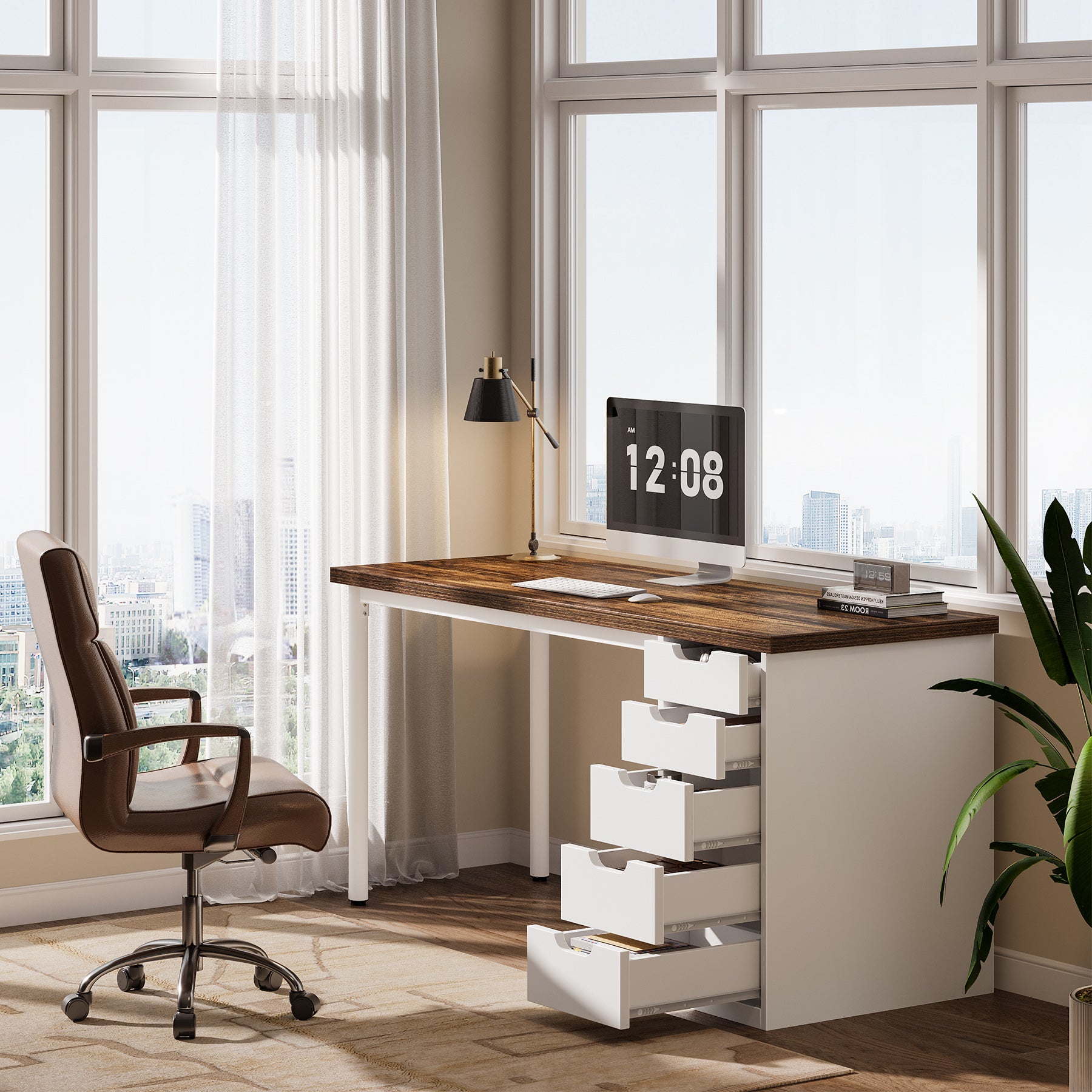 Tribesigns 47" Computer Desk with 5 Reversible Drawers, Rustic Home Office Workstation