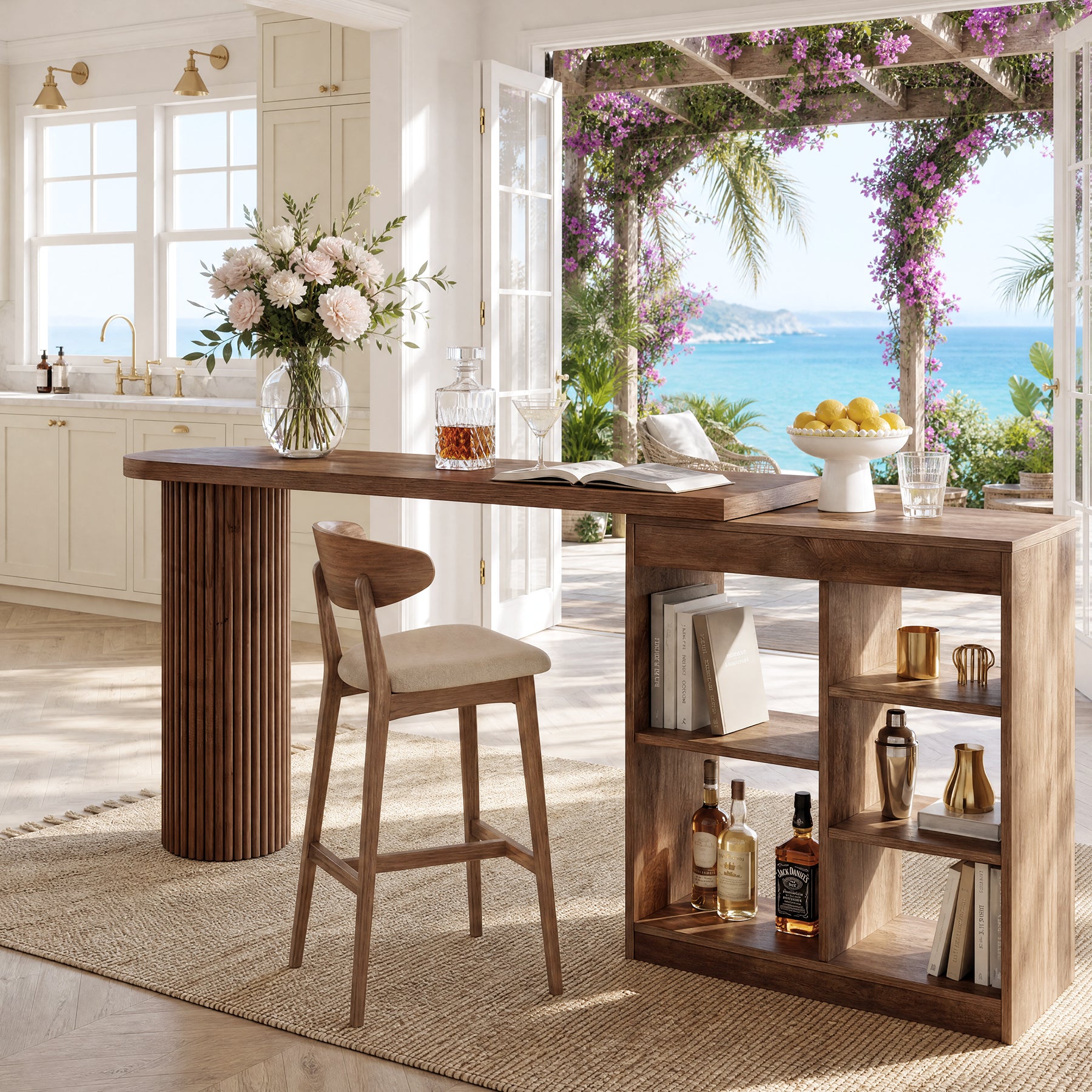 L-Shaped Bar Table with Rotatable Open Storage Shelves, 63" Counter-Height Pub Table for Kitchen