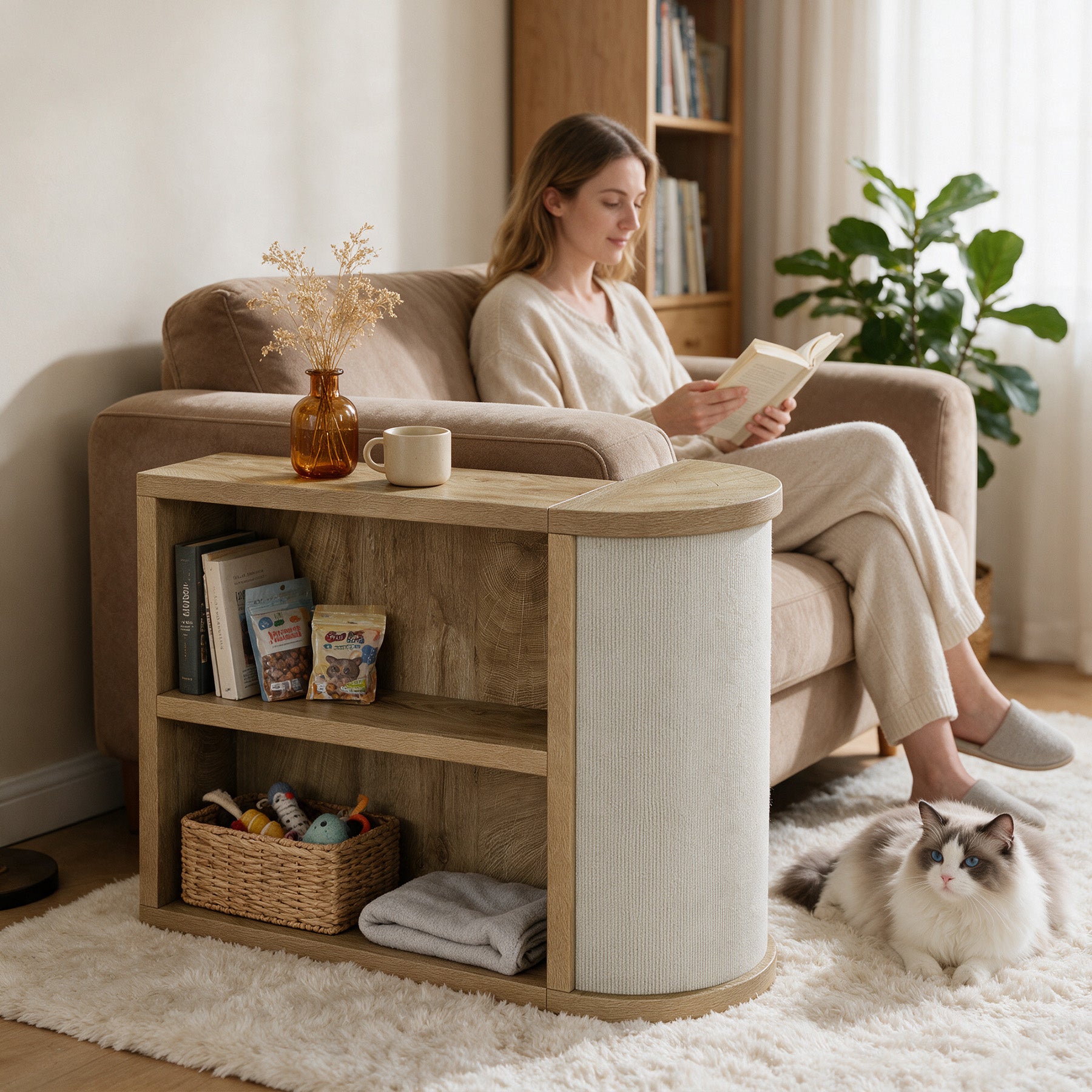 3-Tier End Table, Narrow Sofa Side Table with Reversible Cat Scratcher for Living Room