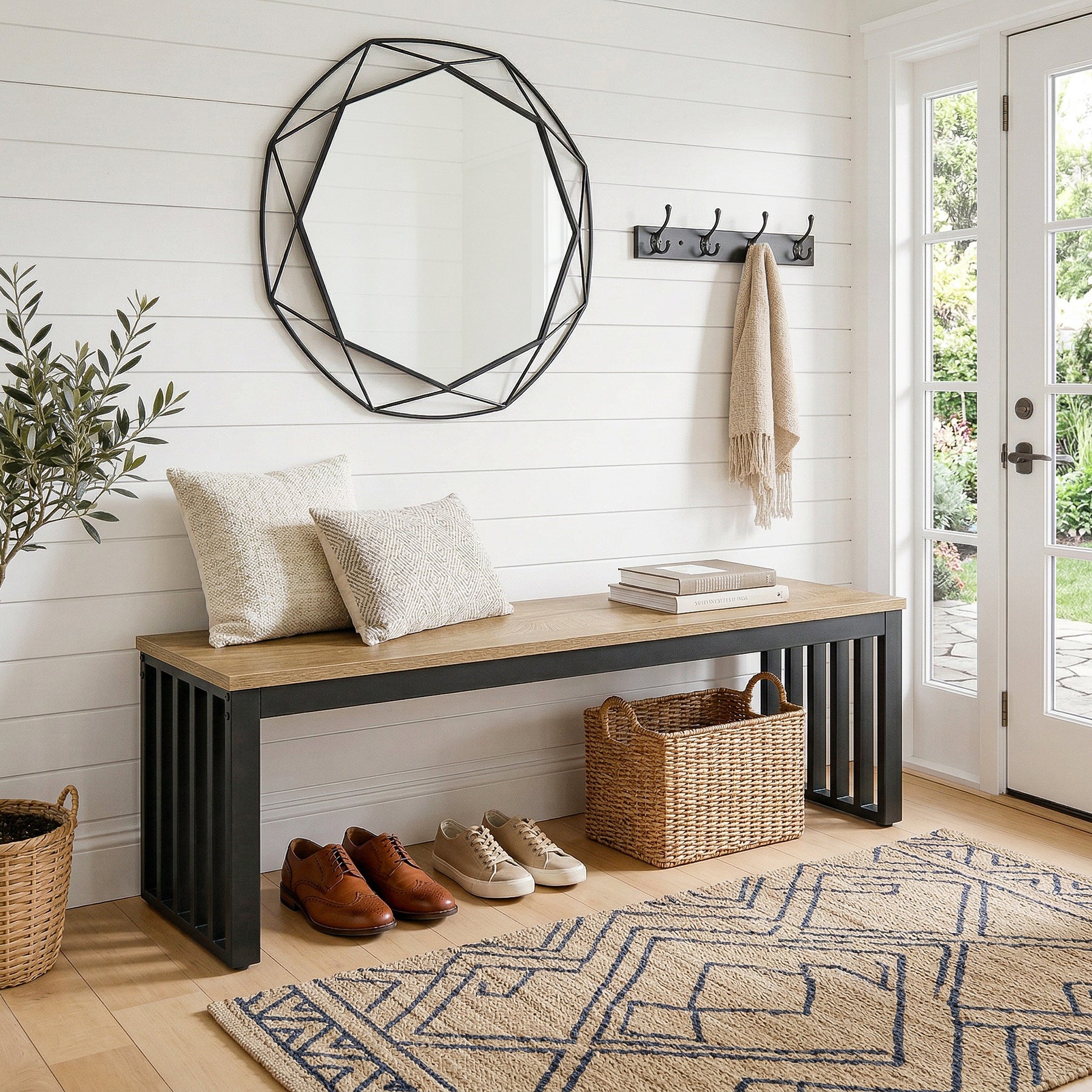 47.3" Entryway Bench, Wooden End of Bed Bench with Sturdy Metal Frame