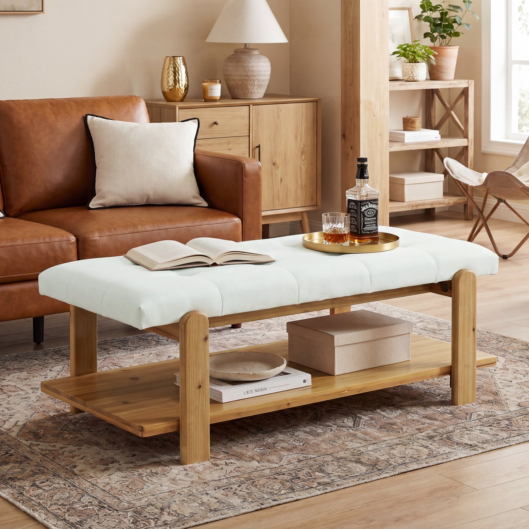 47.24" Ottoman Coffee Table, Rectangle Large Footrest Ottoman with Solid Frame and Storage Shelf