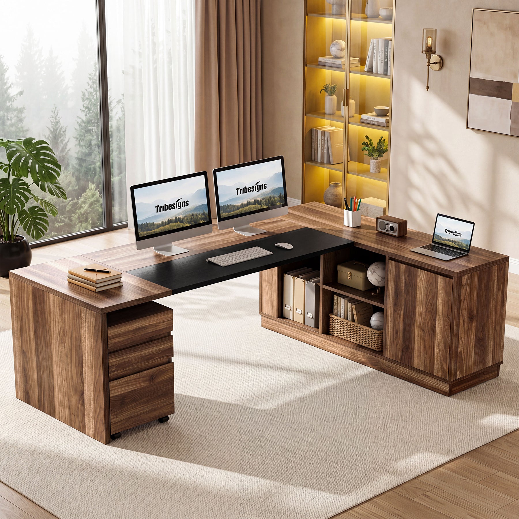 78.7" L-Shaped Executive Desk, Large Office Desk with Mobile Filing Cabinet